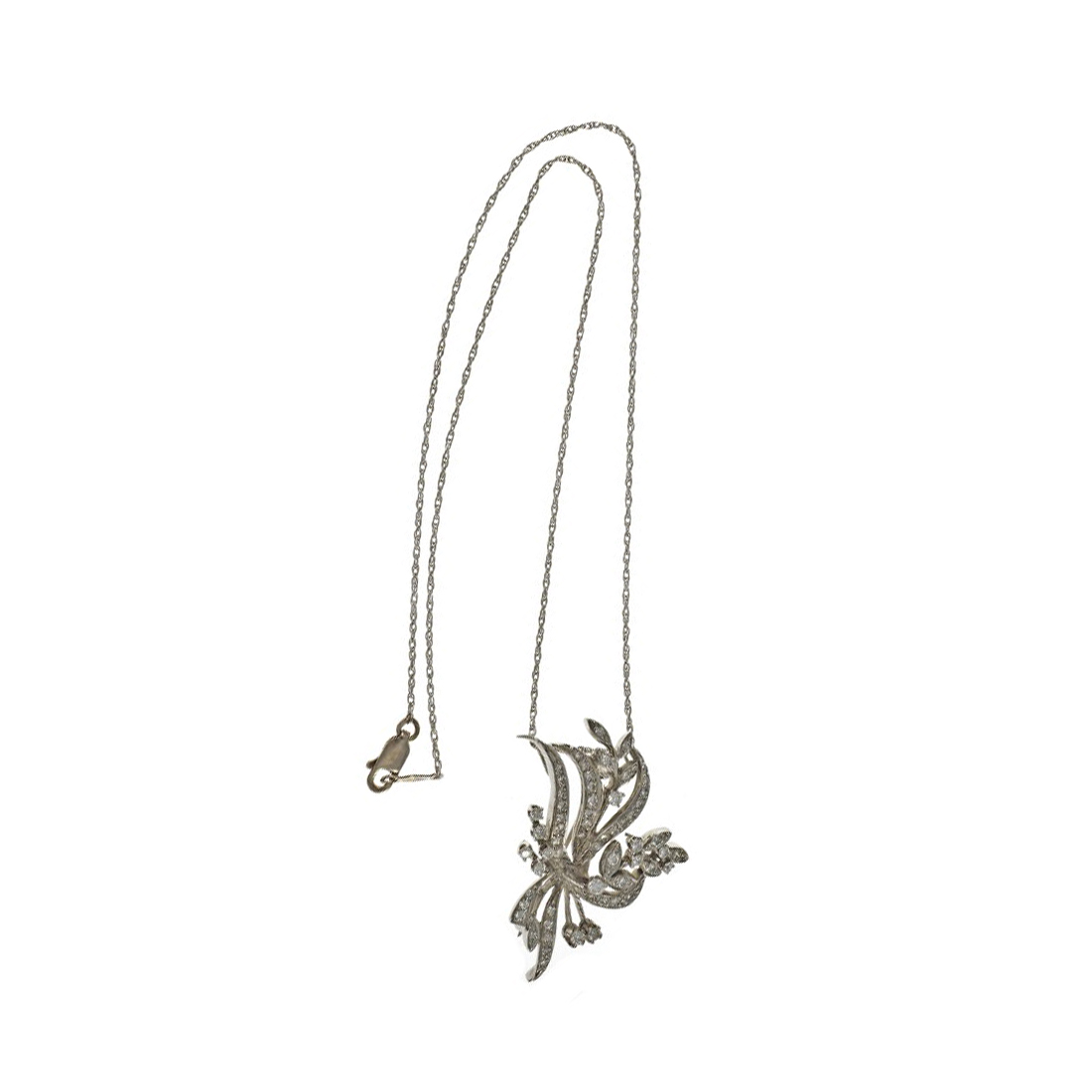 14K White Gold Spray Floral Design Diamond Pin Pendant Necklace