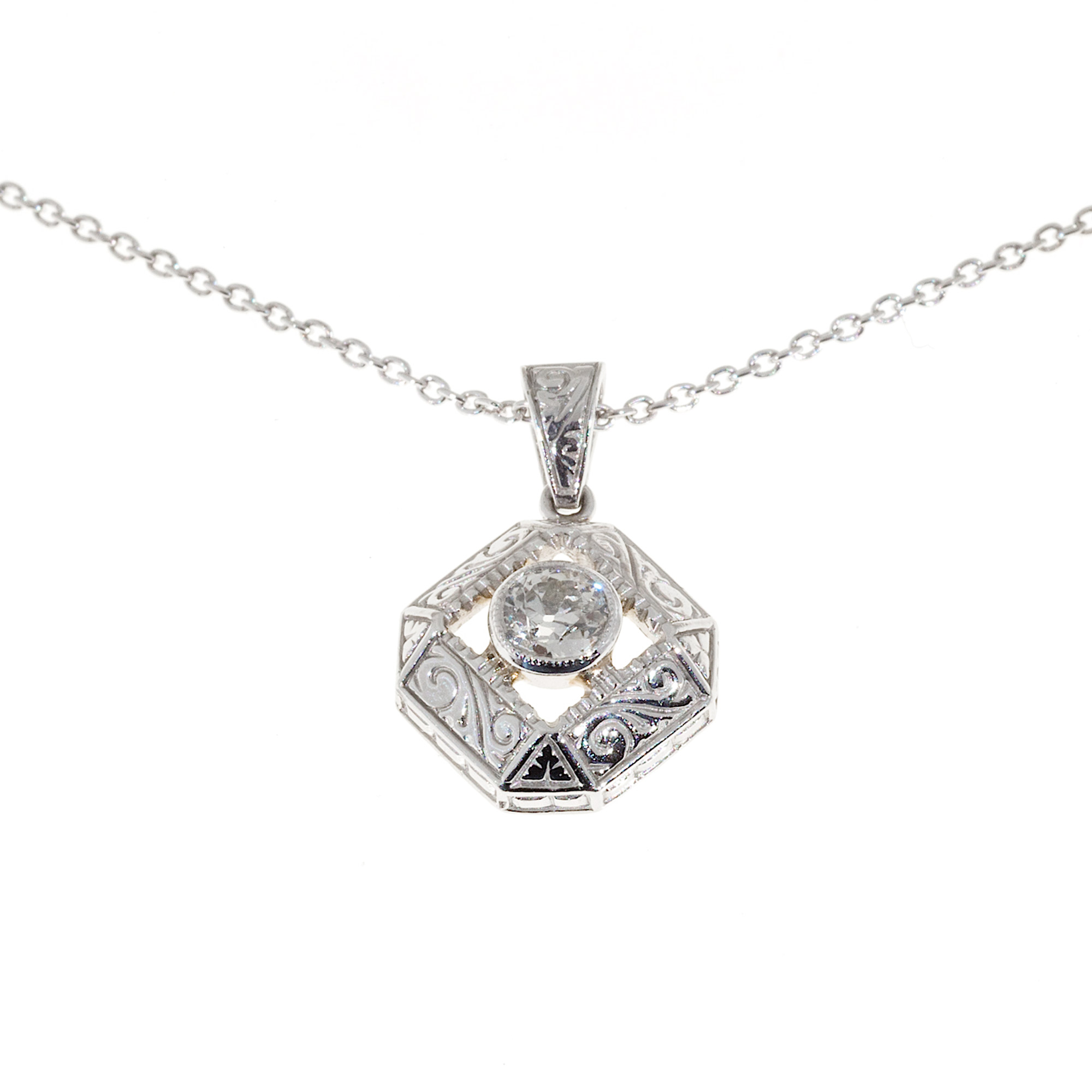 Art Deco Platinum  Diamond Pendant Chain Necklace