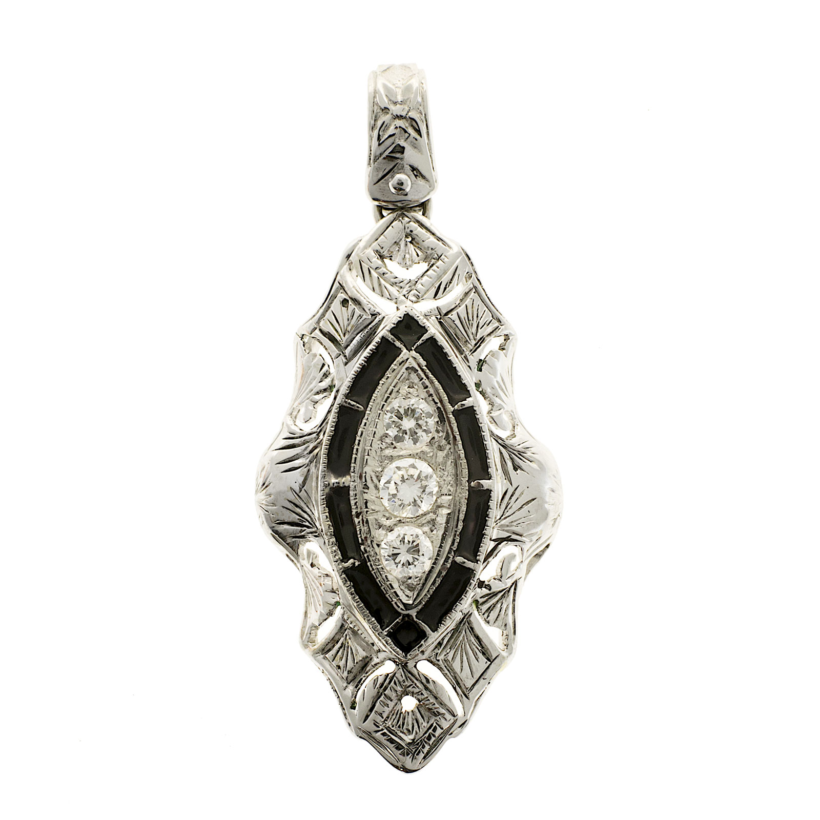 14k White Gold Diamond  Black Enamel Vintage Pendant 1930s