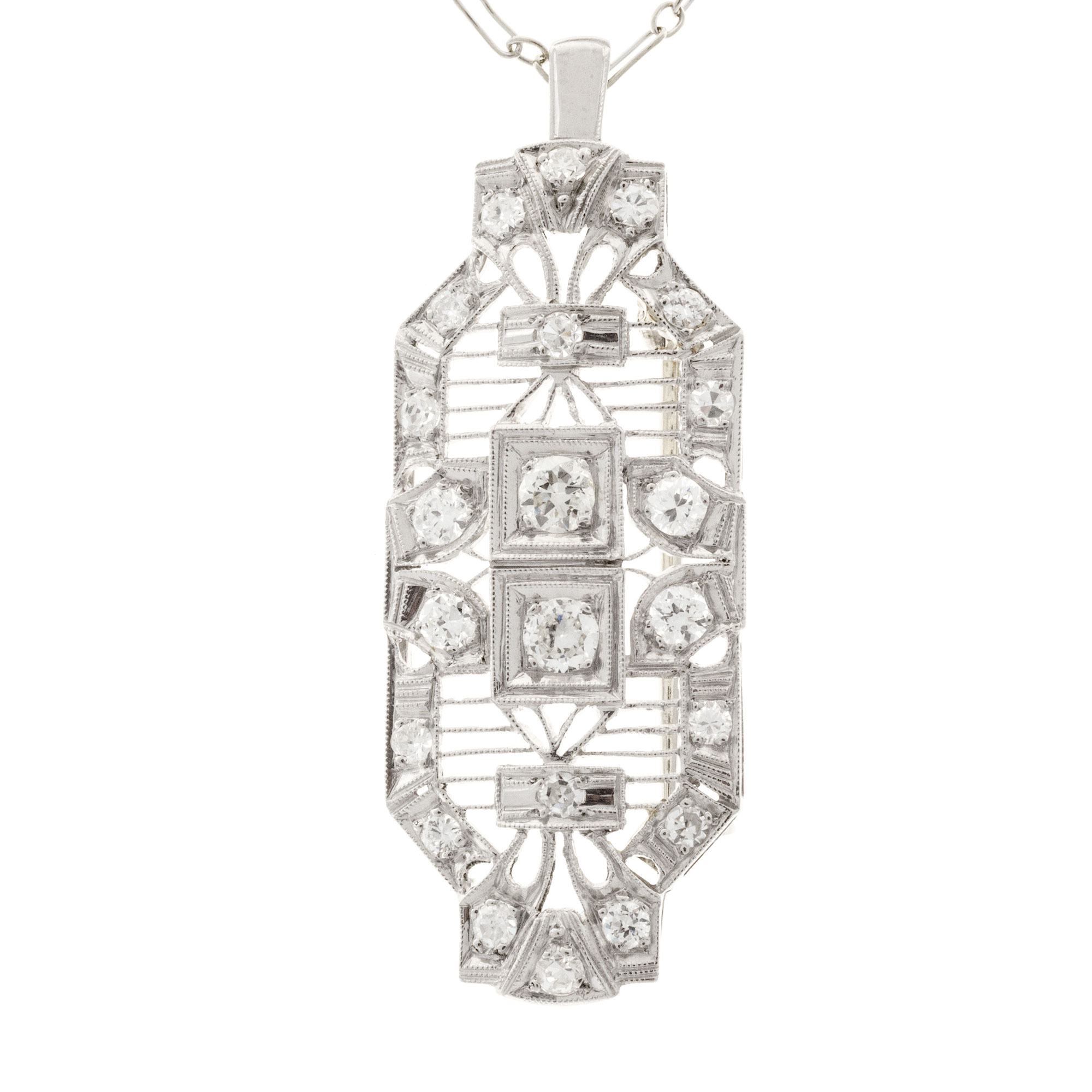 Vintage Art Deco Platinum  14K White Gold 1.04ct Diamond Pendant  Pin Chain Necklace