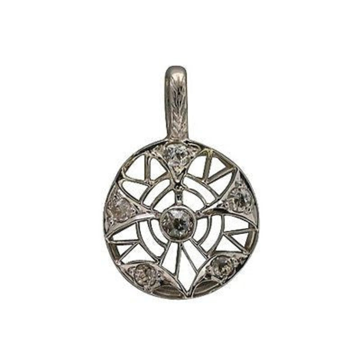 Estate 1860'S Solid Platinum Open Work Circle Old Mine Diamond Pendant