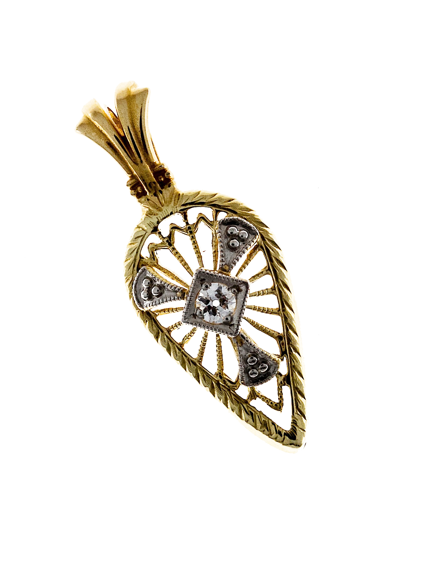 Vintage Filigree 14K Yellow  White Gold and 0.05ct Diamond Pendant