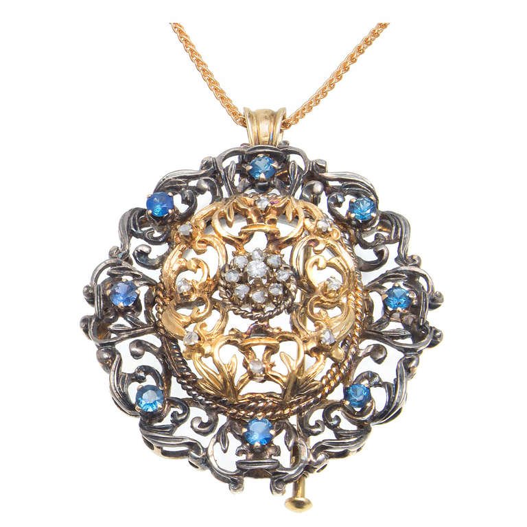 18K Yellow Gold  Silver with Diamond  Sapphire Pin Pendant Necklace