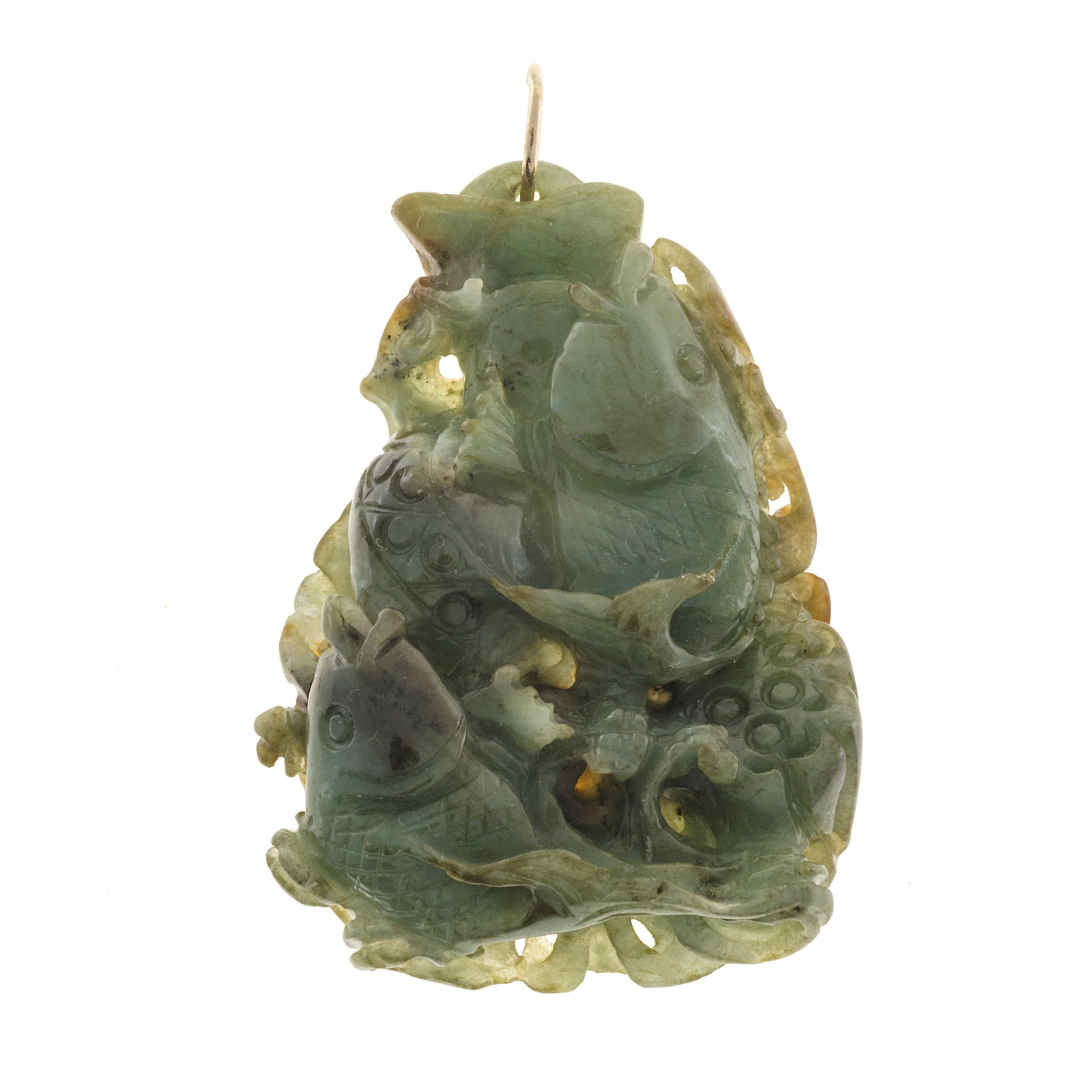14K Yellow Gold Jadeite Jade Carved Fish Pendant 