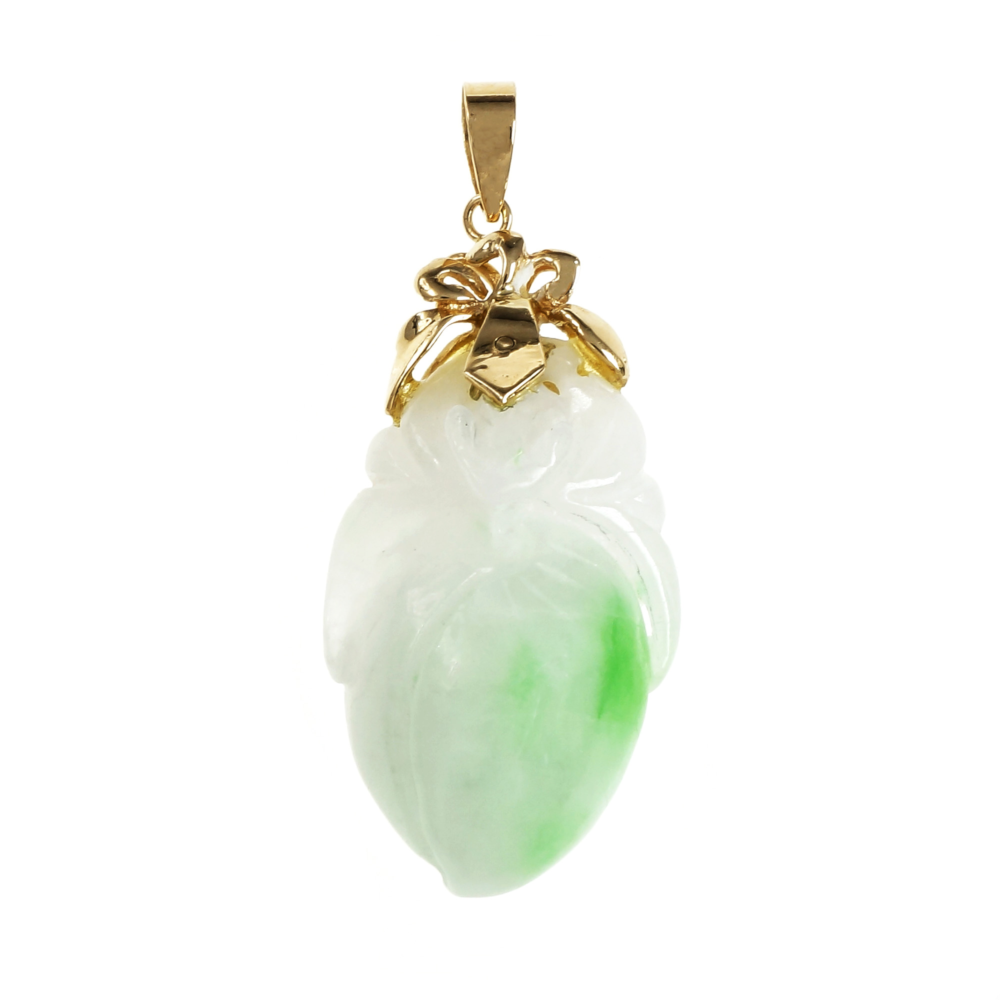 14K Yellow Gold Green White Carved Jadeite Jade Pendant 