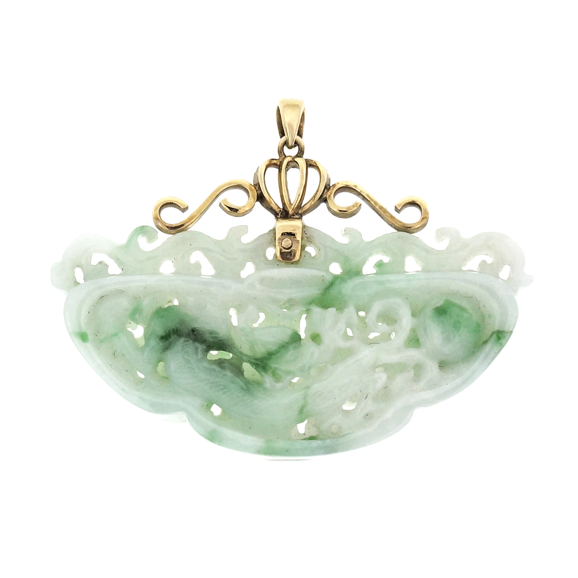 Natural Carved Jadeite Jade Pendant Blended Green Color 14k GIA
