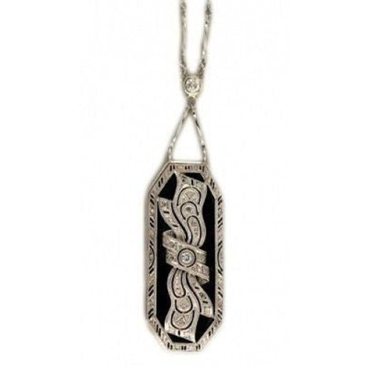 Platinum Onyx & Diamond Edwardian Ribbon Bow Vintage Pendant Chain