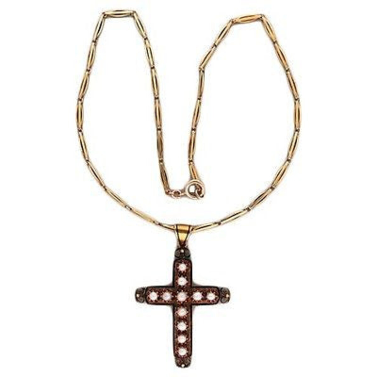 14k Yellow Gold VIntage 1830s Black Enamel Saltwater Cultured Pearl Cross Necklace