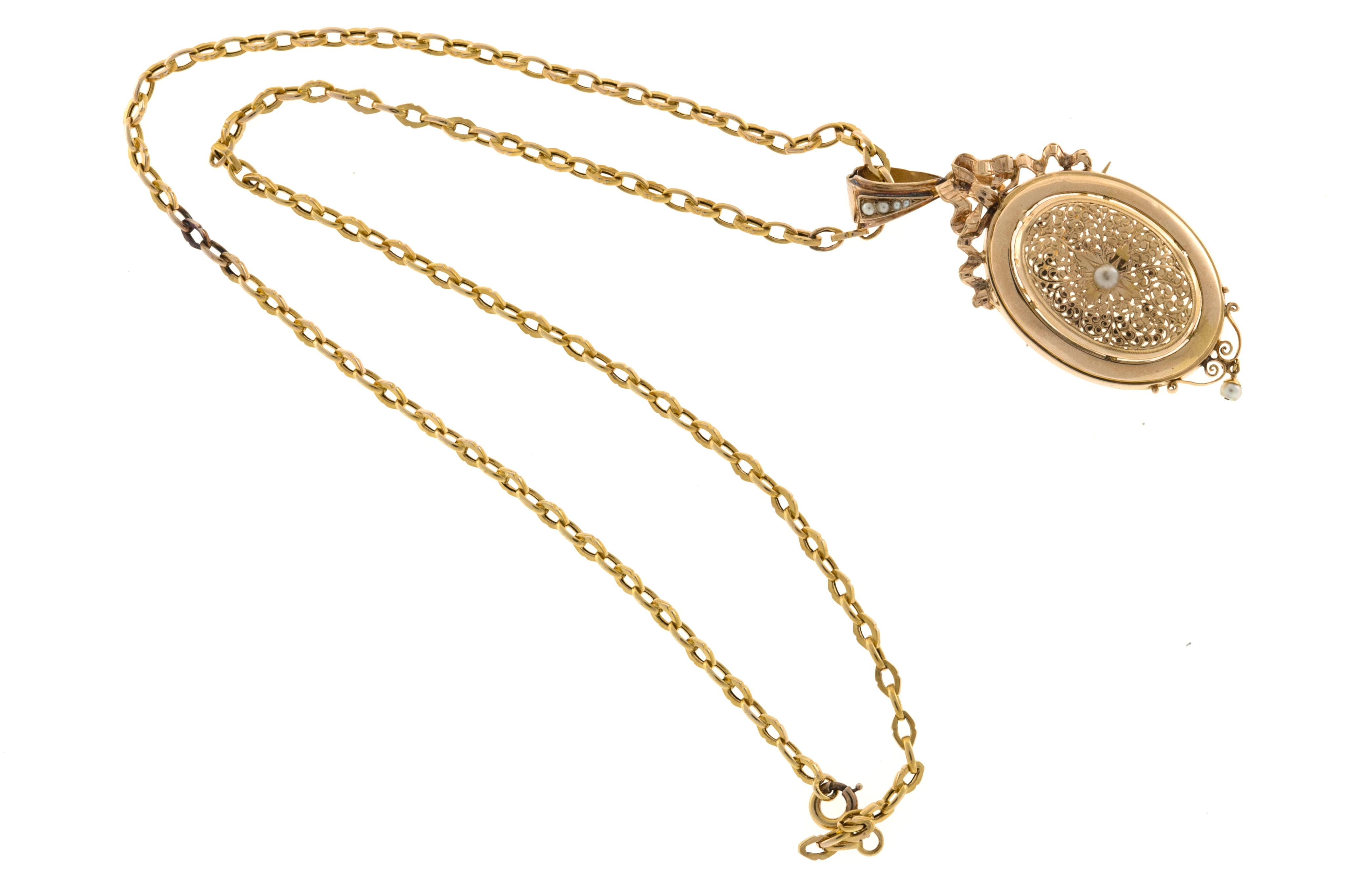 18K Rose Gold Ribbon Filigree Pearl Pin/Pendant Locket Necklace