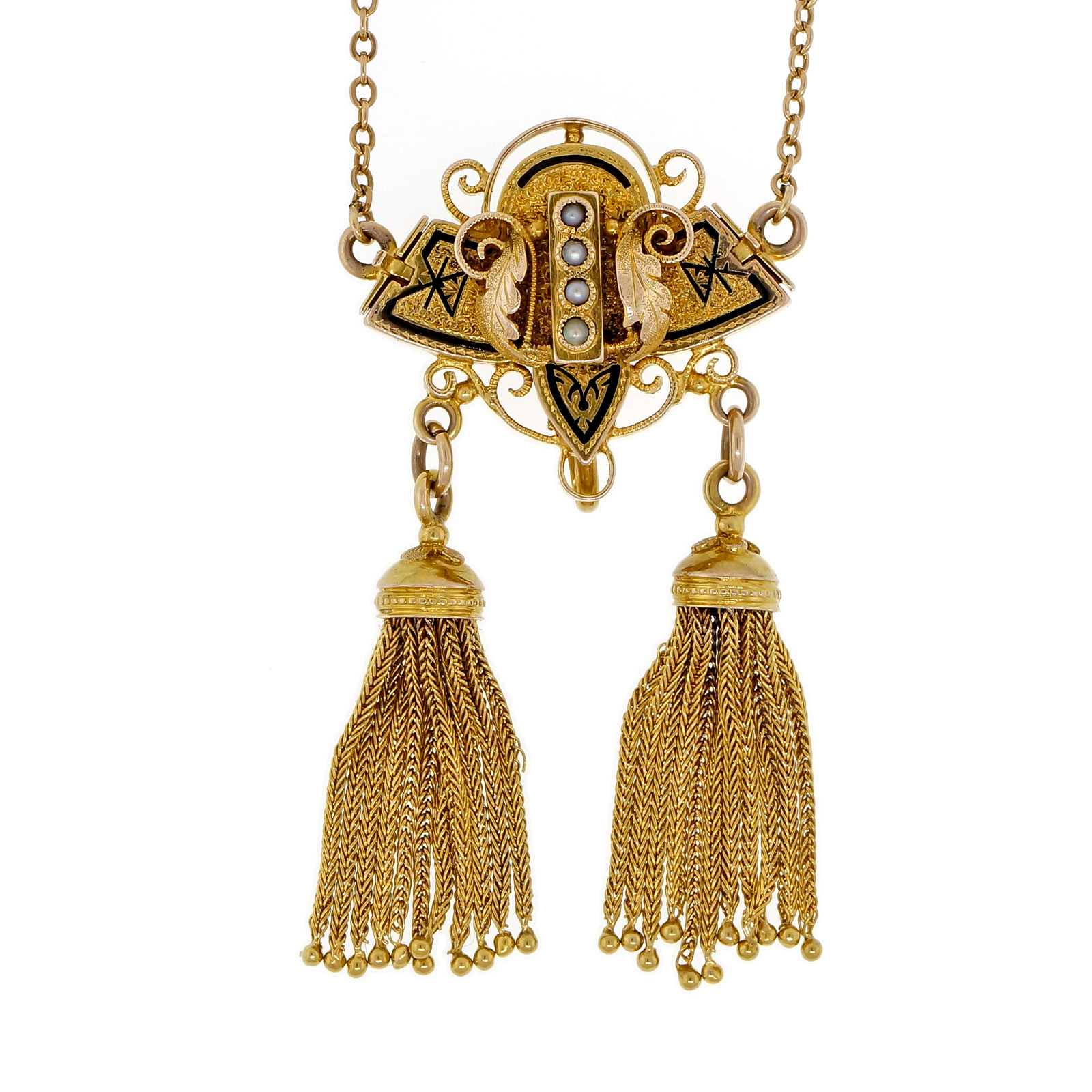 10K Yellow Gold with Tassel Black Enamel Natural Pearl Pin Pendant
