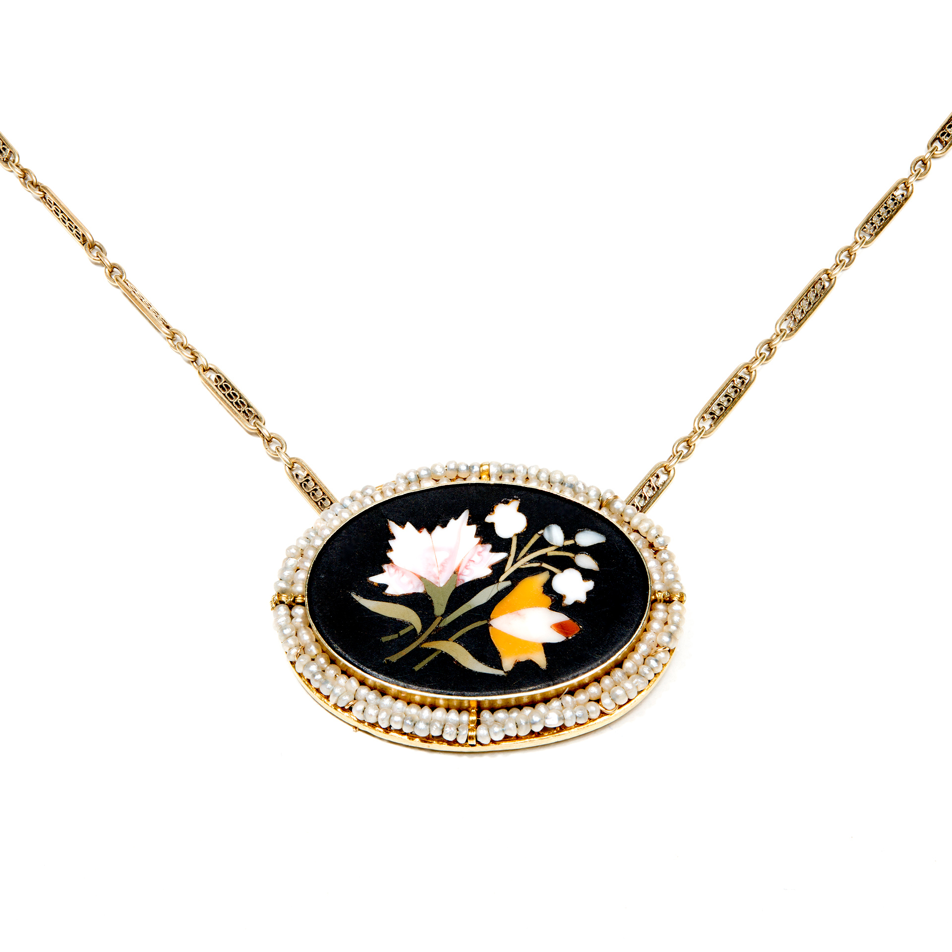 14K Yellow Gold with Stone Inlay Onyx  Pearl Pietra Dura Pendant Necklace