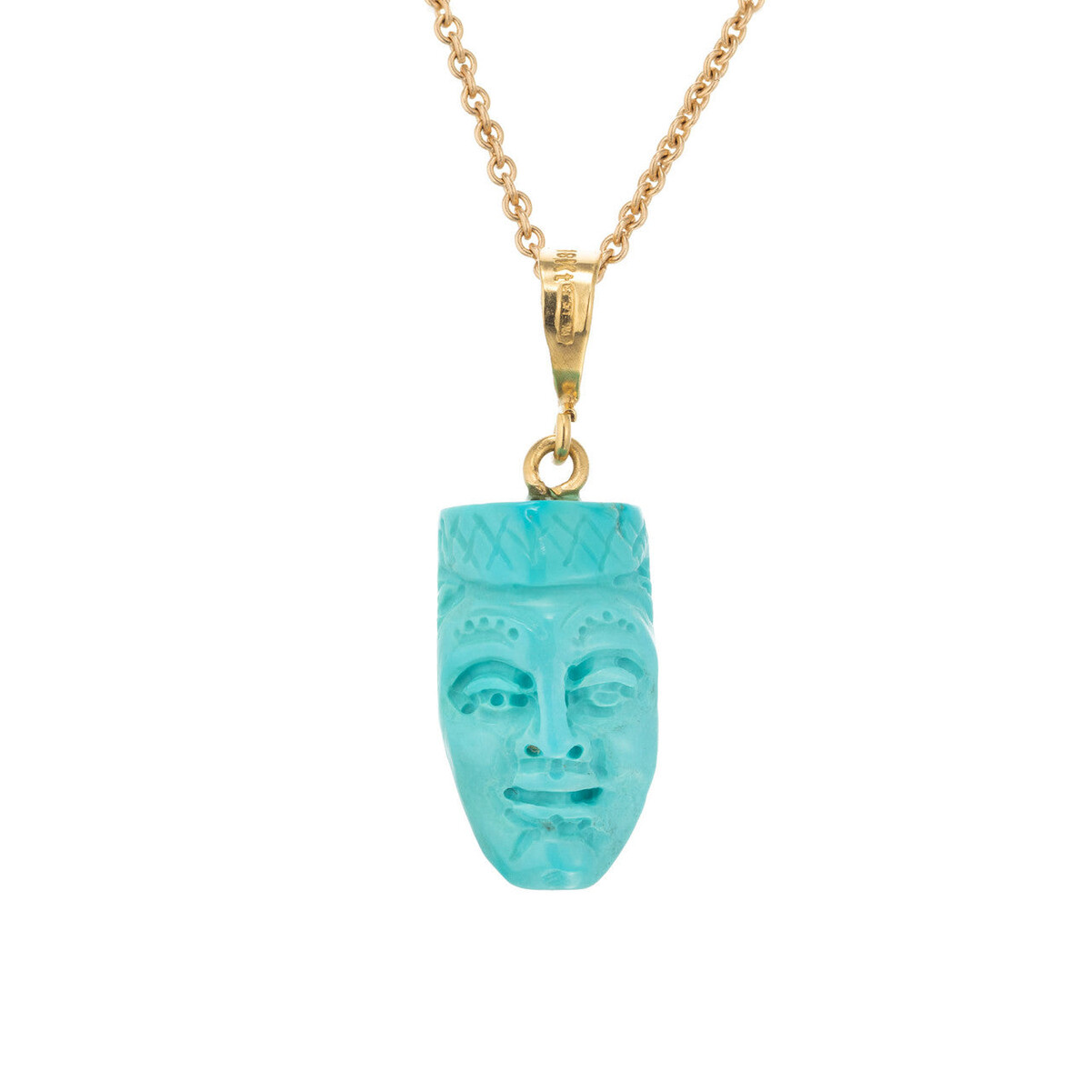 18K Yellow Gold Smiling Lady Turquoise Bale Carved Face Pendant 
