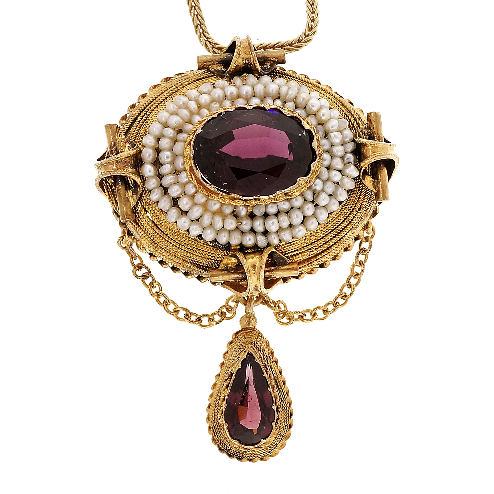 14K Yellow Gold with Domed 3.50ct Garnet  Natural Pearl Pendant Necklace