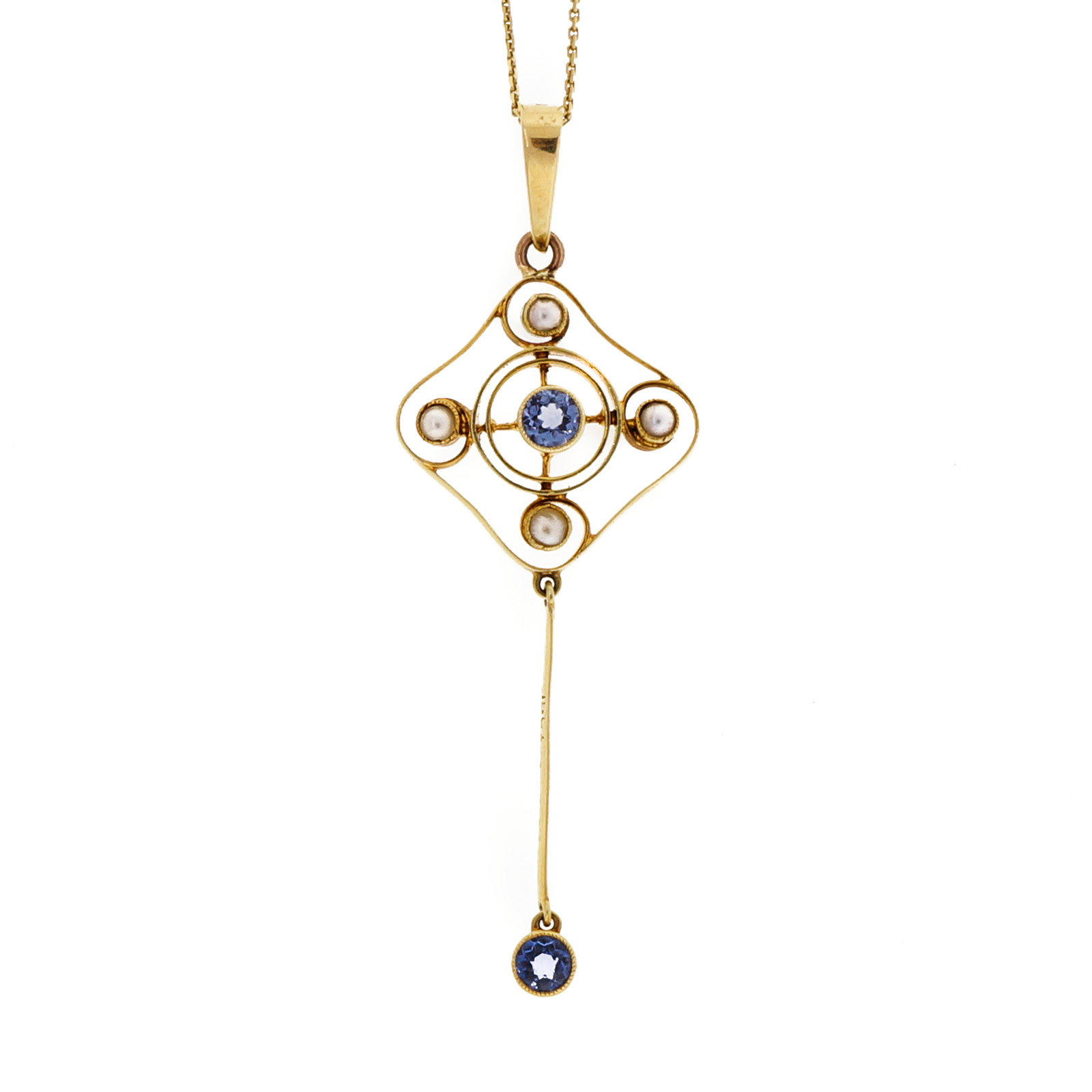 14K Yellow Gold Georgian 0.50ct Montana Sapphire Pearl Pendant Vintage Necklace