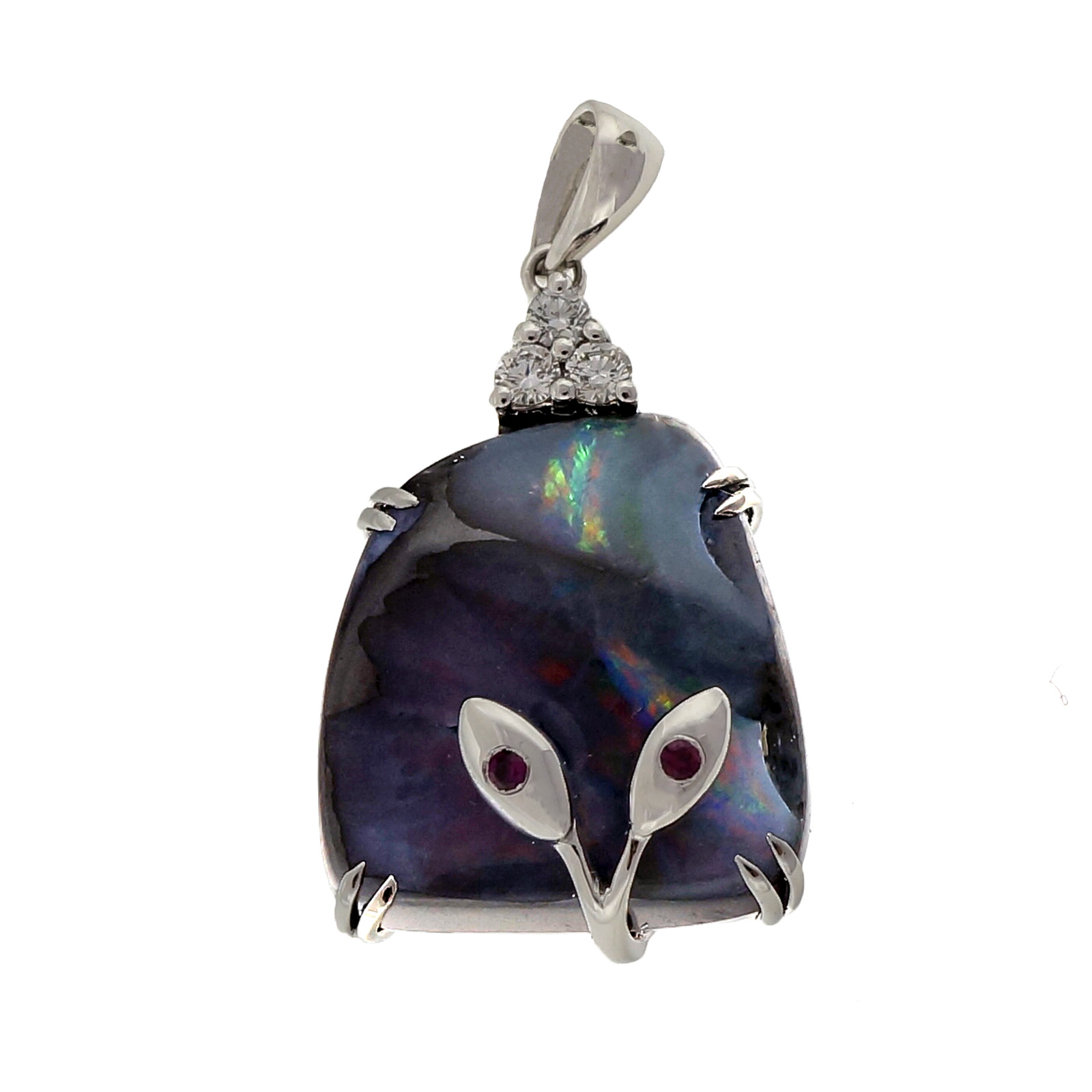 14K White Gold with 12.88ct Boulder Opal, Diamond  Ruby Pendant