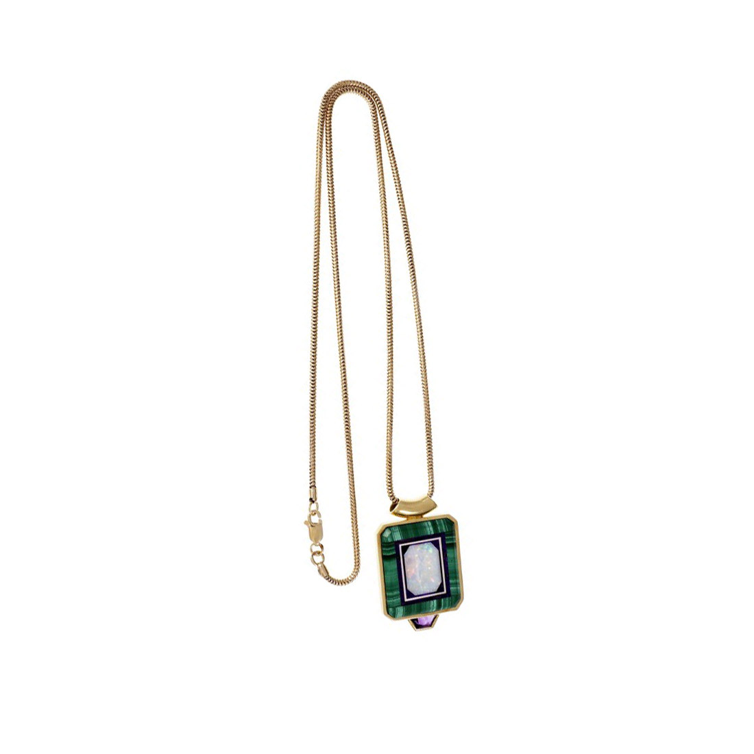 18K  14K Yellow Gold Hardstone Opal Inlay Pendant Necklace