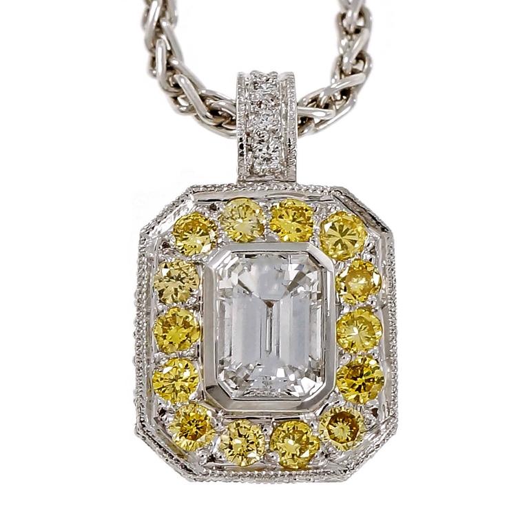 950 Platinum with 0.73ct Emerald Cut Diamond  Fancy Intense Yellow Diamond Necklace