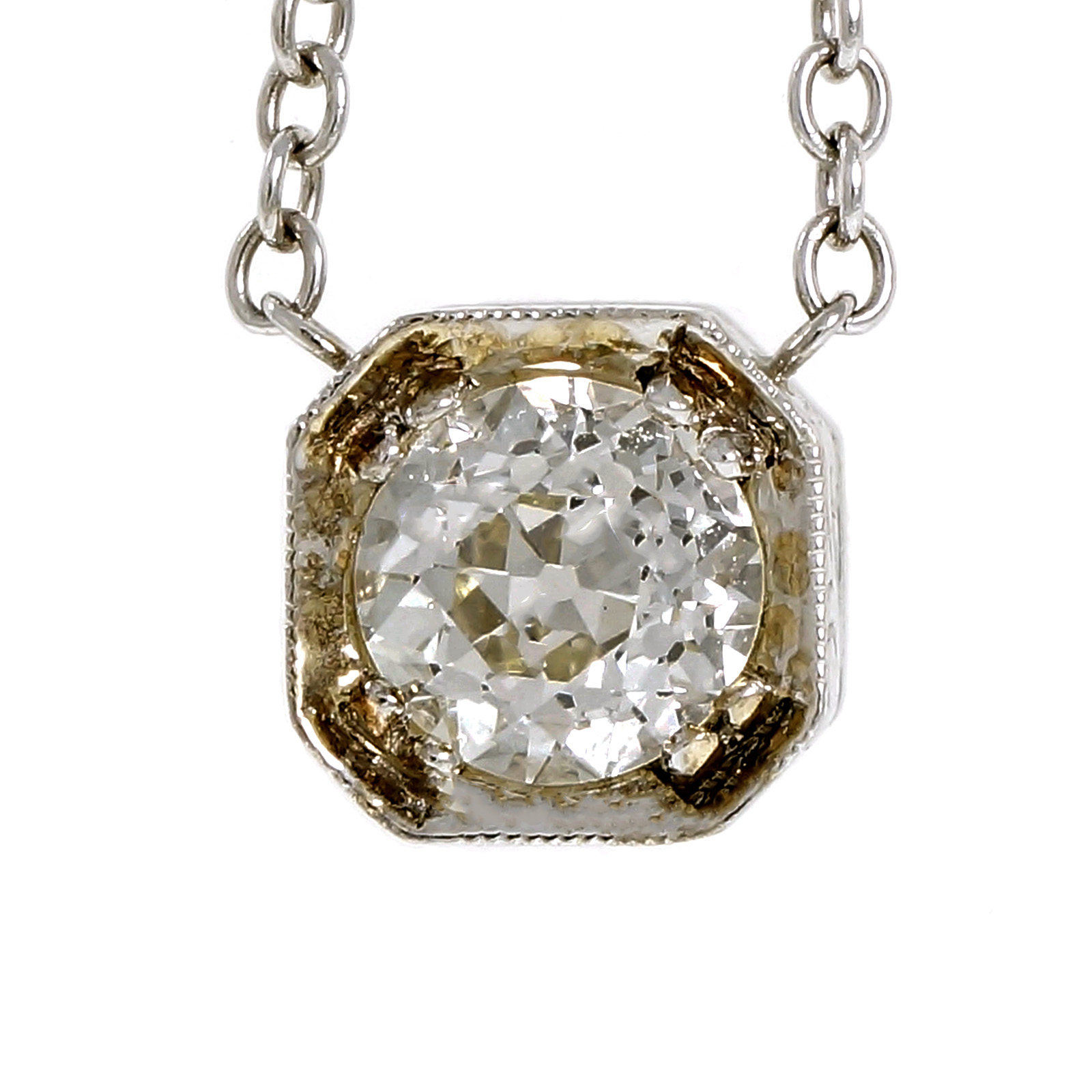 Art Deco 18K White Gold with 1.00ct Old European Cut Diamond Pendant Necklace 