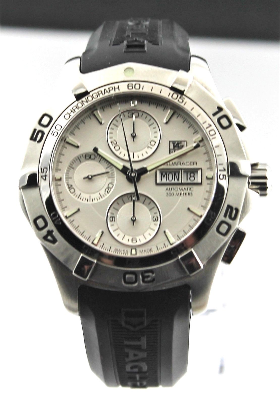 TAG HEUER AQUARACER CAF2011.FT8011 AUTO CHRONO DAY DATE RUBBER SILVER WATCH 