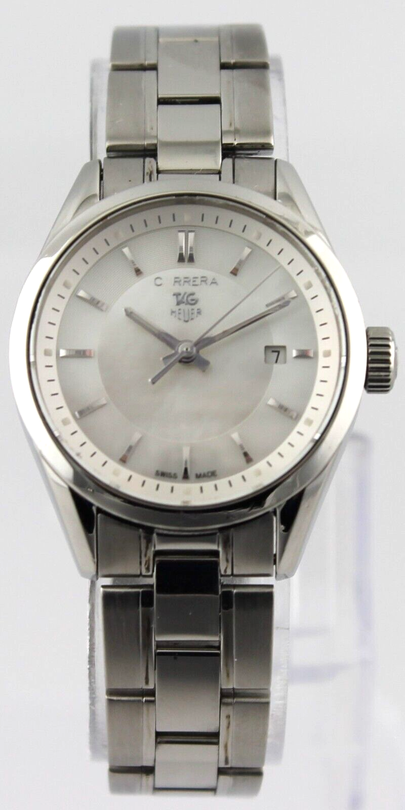 TAG HEUER LADIES CARRERA SWISS QUARTZ WHITE PEARL STEEL DATE WATCH
