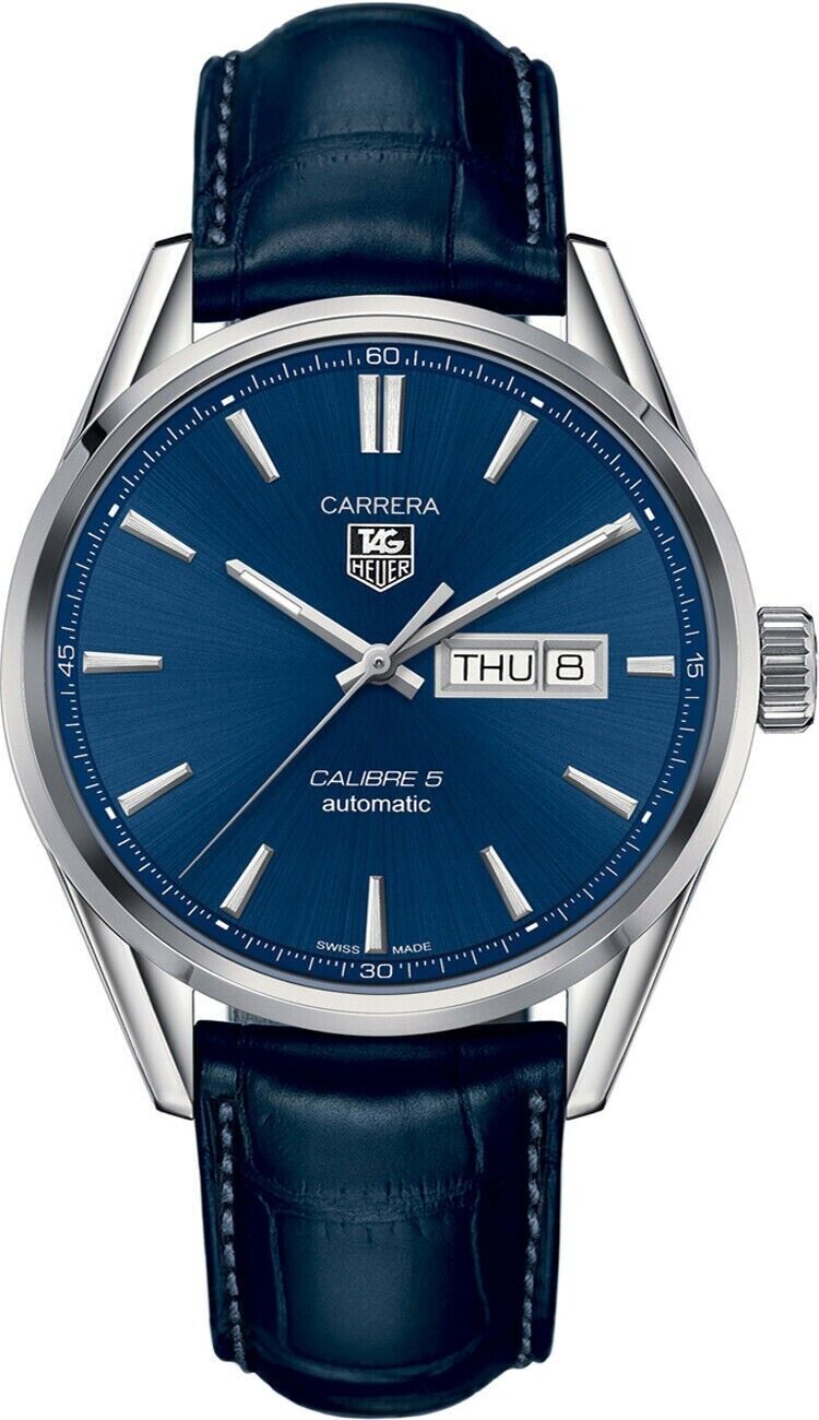 TAG HEUER CARRERA WAR201E.FC6292 MEN'S BLUE LEATHER AUTOMATIC DAY DATE WATCH