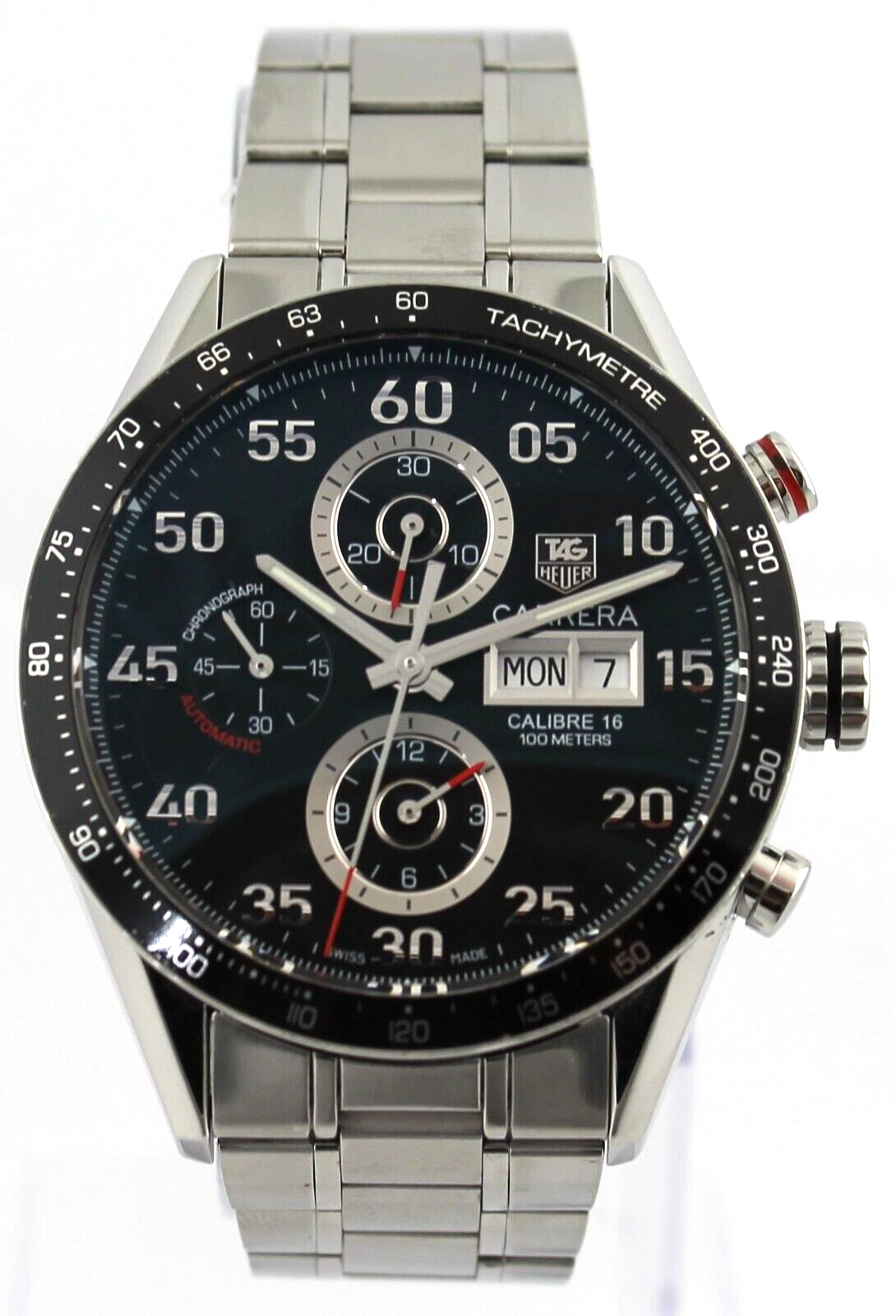 TAG HEUER CARRERA   DAY DATE AUTOMATIC CHRONOGRAPH BLACK STEEL WATCH