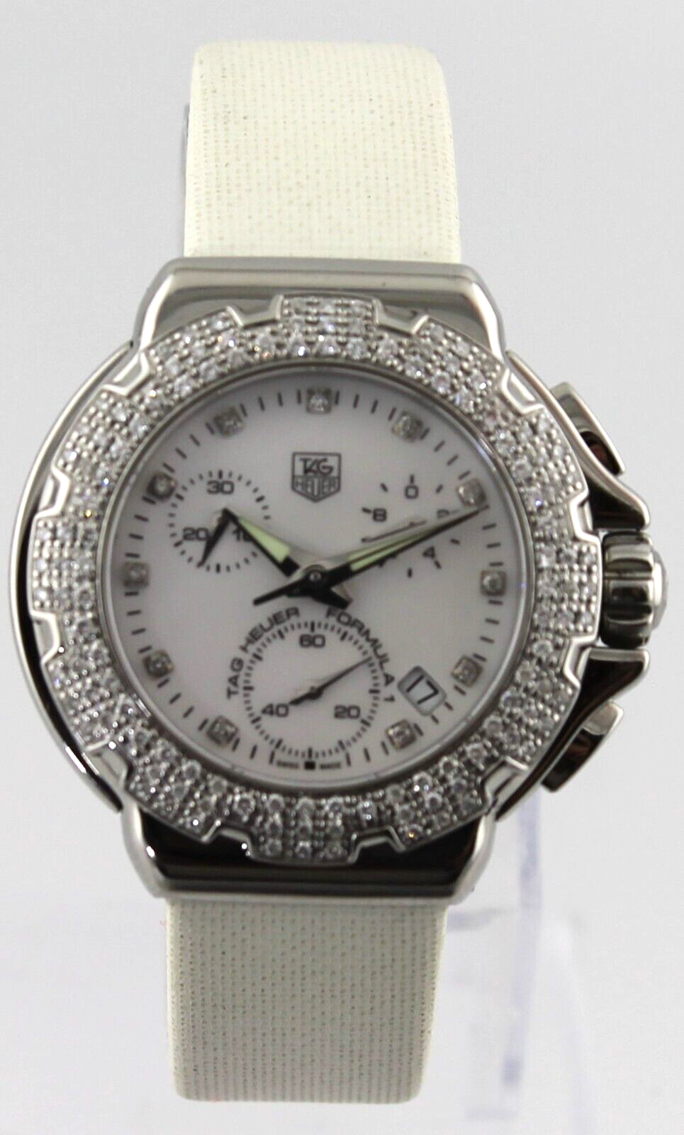 TAG HEUER FORMULA 1  DIAMOND CHRONOGRAPH LADIES WHITE SATIN WATCH