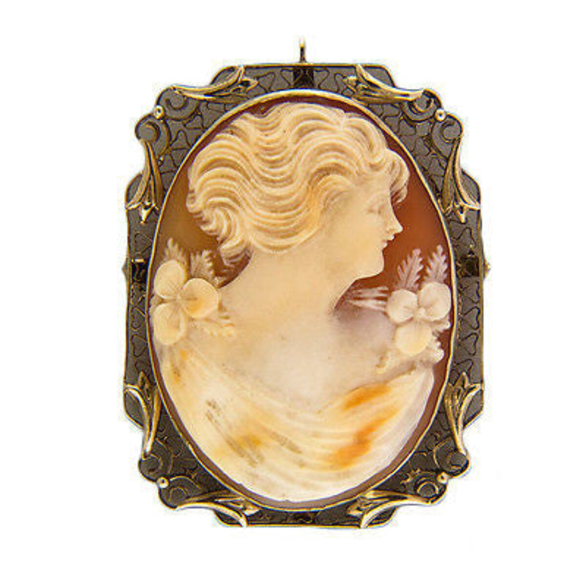 Vintage Carved Shell Cameo 14k Bezel Filigree Pin Pendant 1 1/2 X 1 1/8 Inch