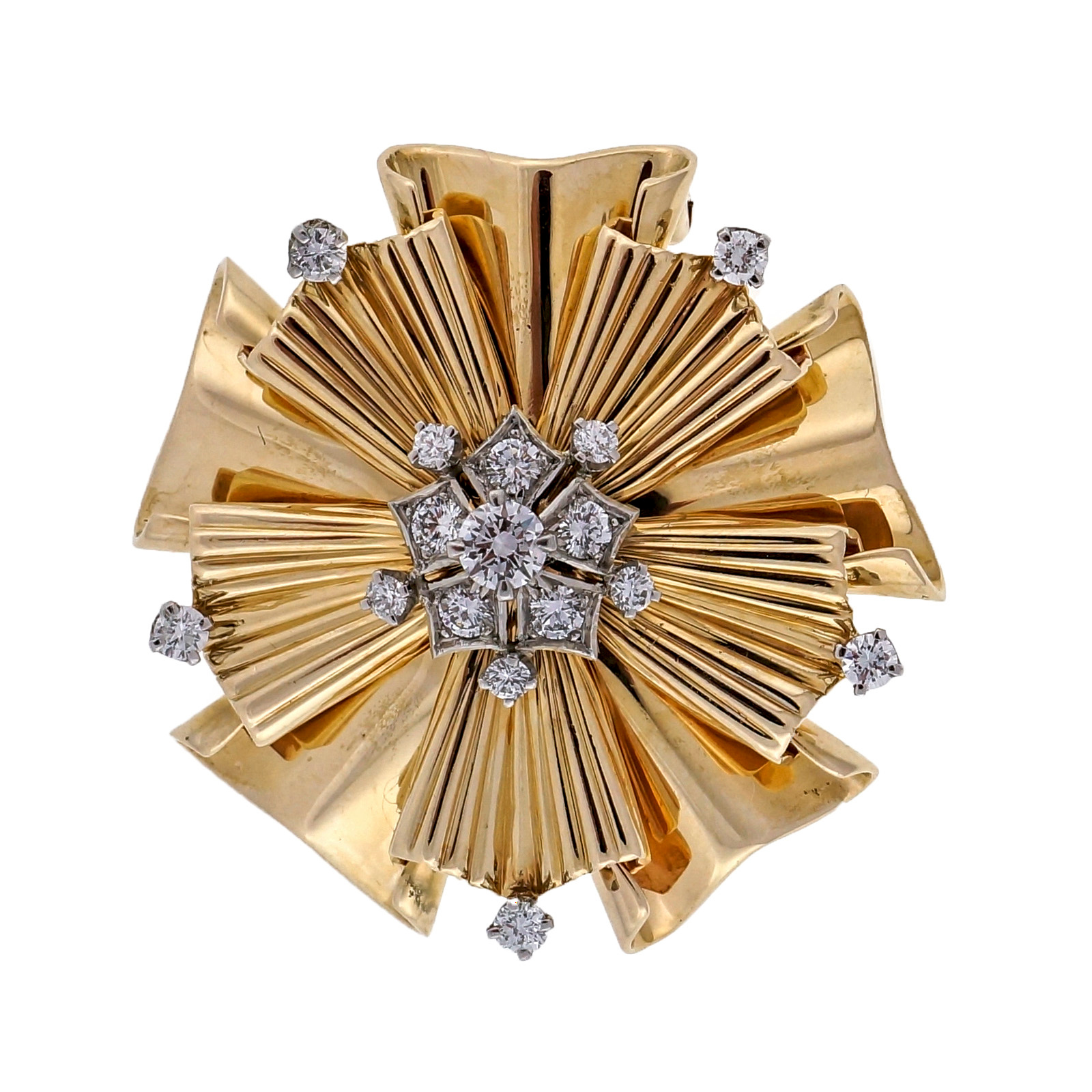 Tiffany  Co. 14K Yellow Gold with 0.70ct. Diamond Folded Ribbon Pin Brooch