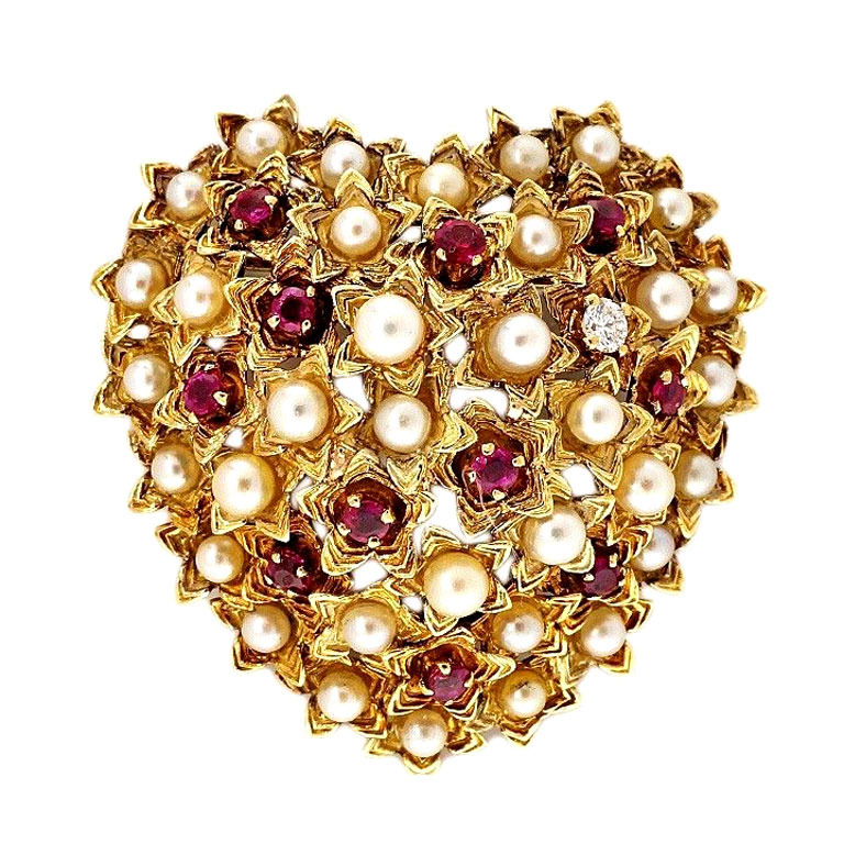 Tiffany  Co. 18K Yellow Gold with 0.07ct. Diamond Pearl and Ruby Domed Heart Pin Brooch