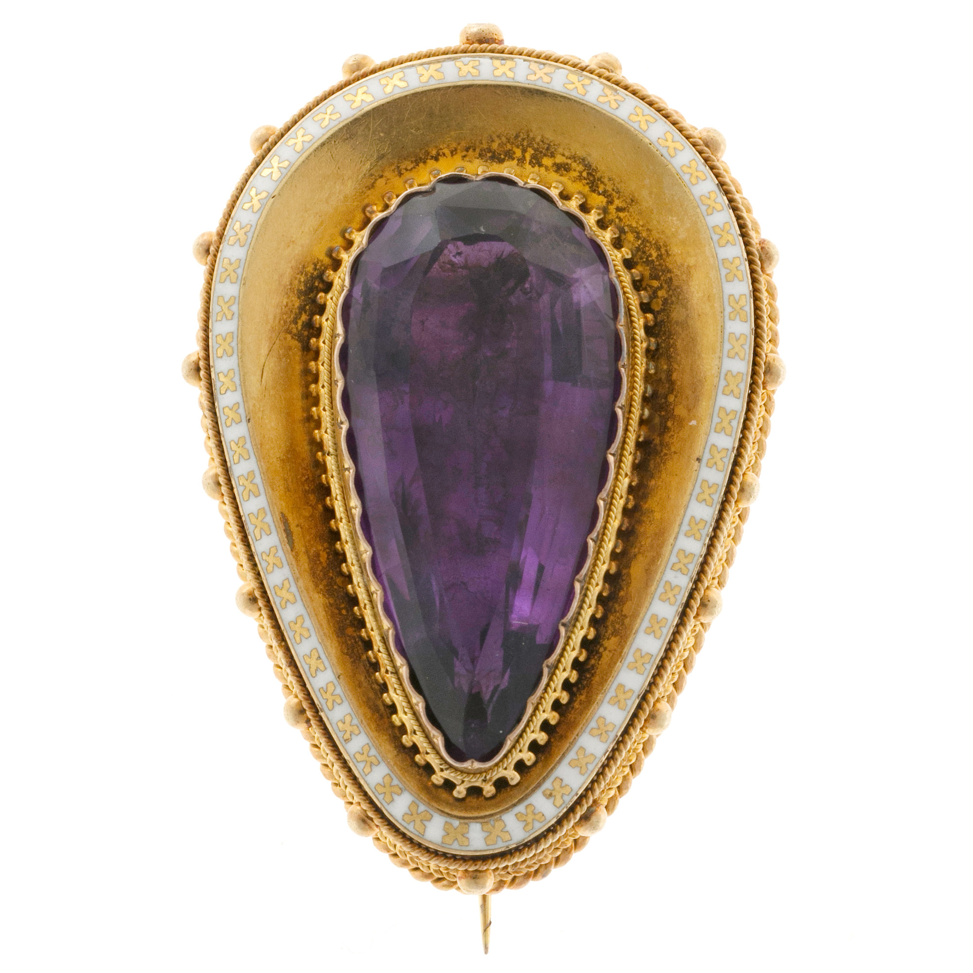 14k Yellow Gold Amethyst White Enamel Vintage Pin 1840s 