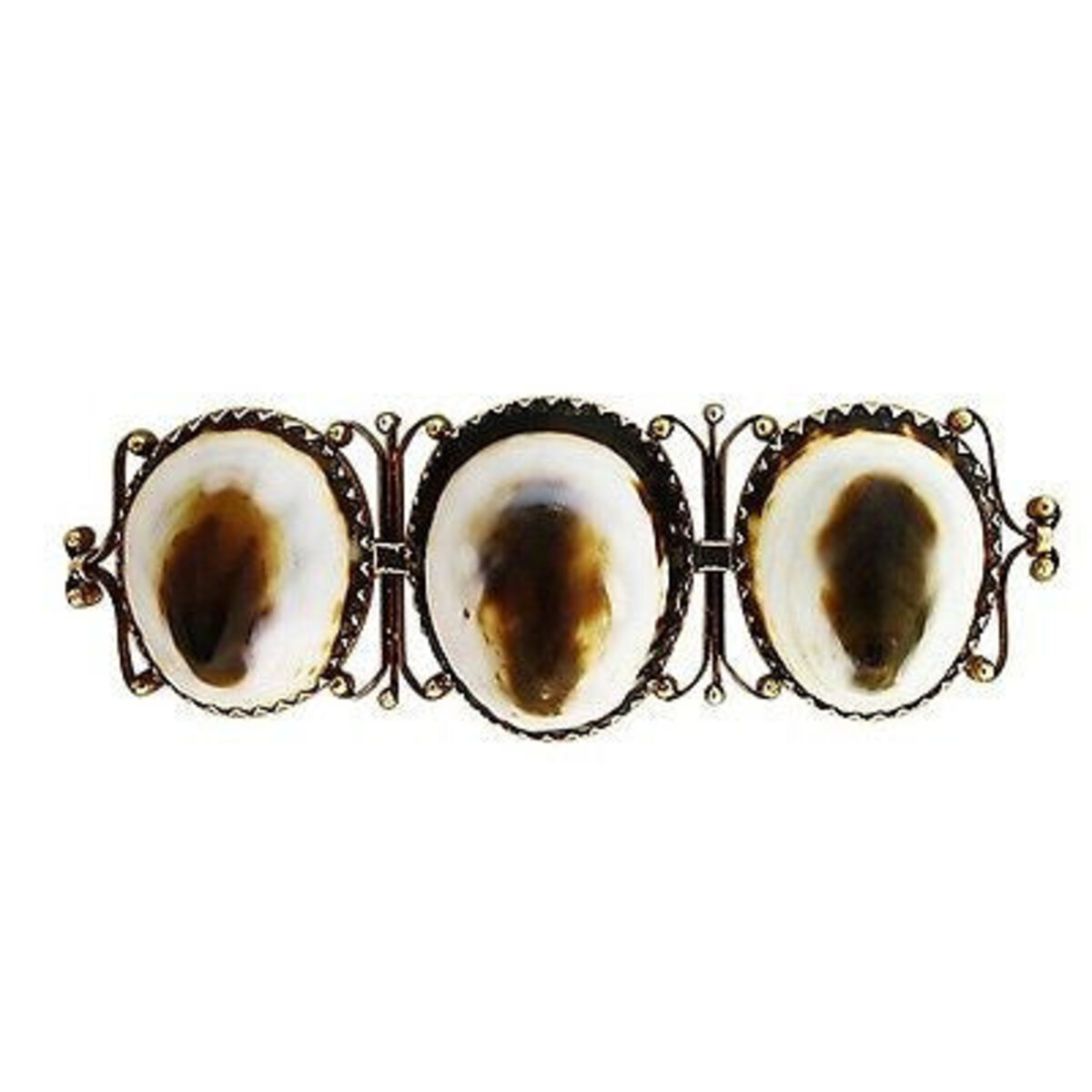 Estate Victorian English Brown White 3 Shell 1850s 12k Pink Gold Pin