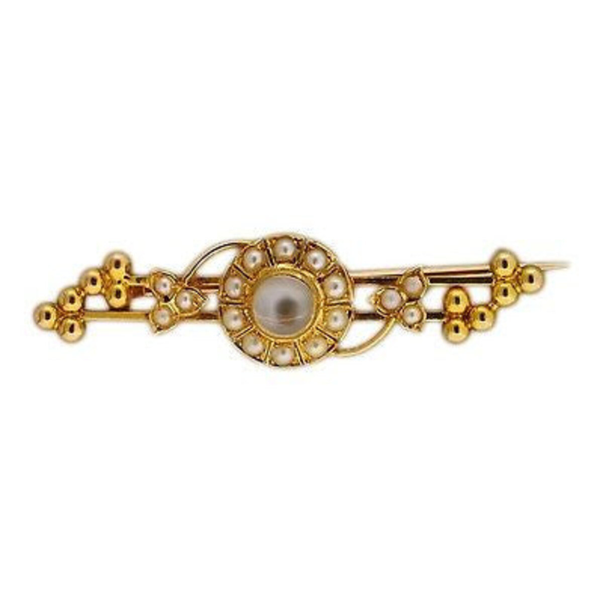 Estate 1870s Cat's Eye Moonstone Center Natural Seed Pearl 14k Yellow Gold Pin