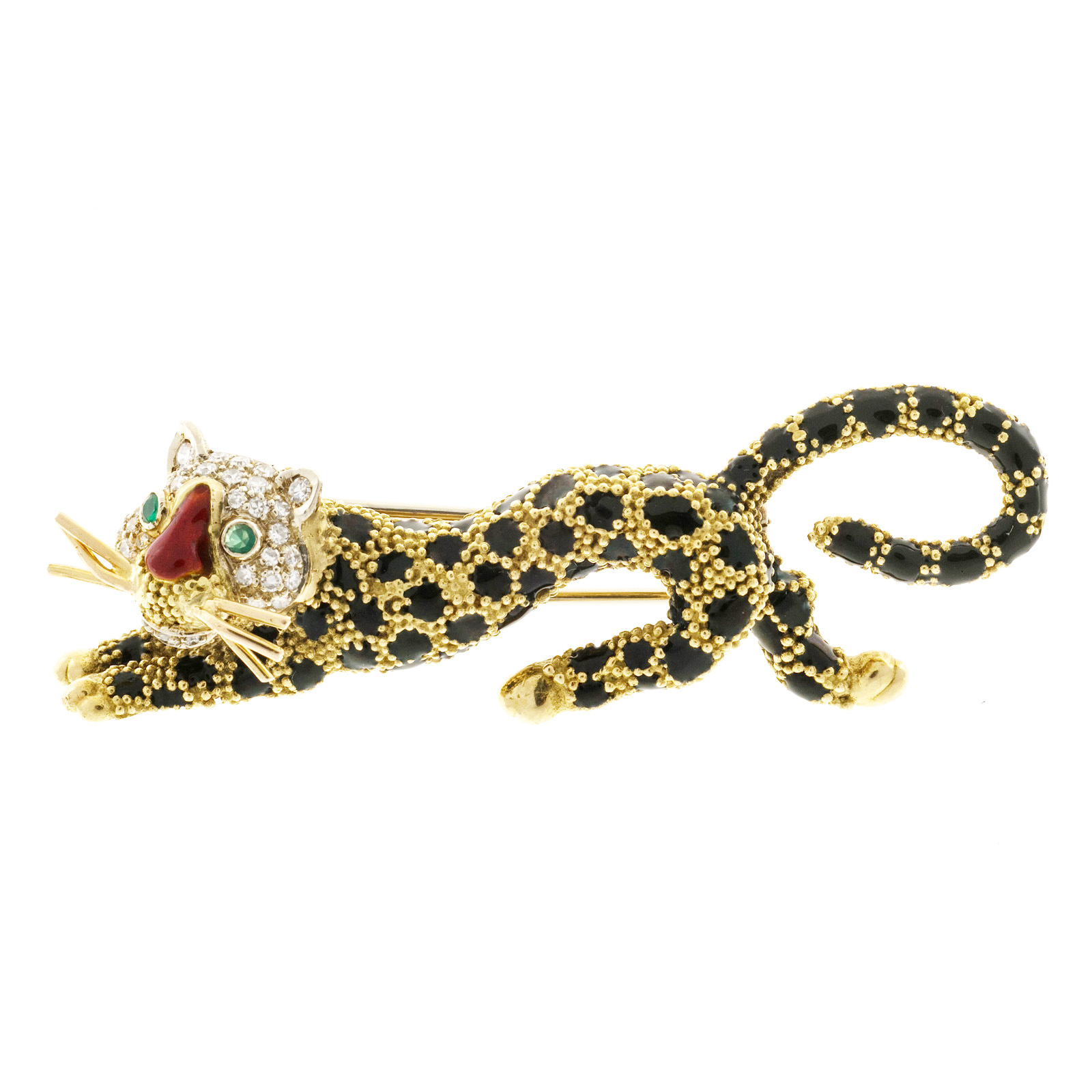 Vintage Italian Solid 18k Tiger Leopard Pave Emerald Diamond Black Enamel Pin
