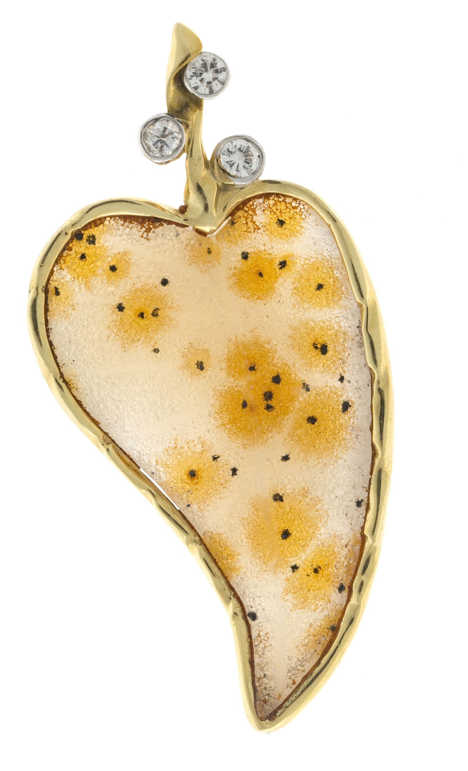 18k Yellow Gold Leopard Druzy Quartz Diamonds Leaf Vintage Pin