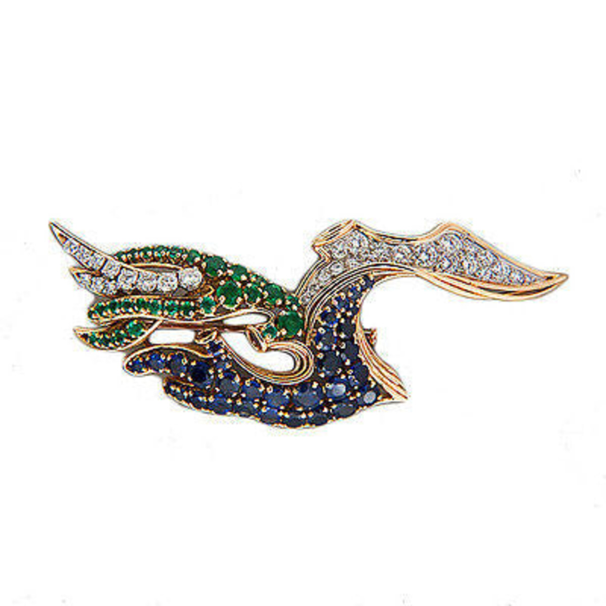 18K White Yellow Gold 1.70 Ct Diamond 1.50 Ct Emerald 3.00 Ct Sapphire Vintage Pin