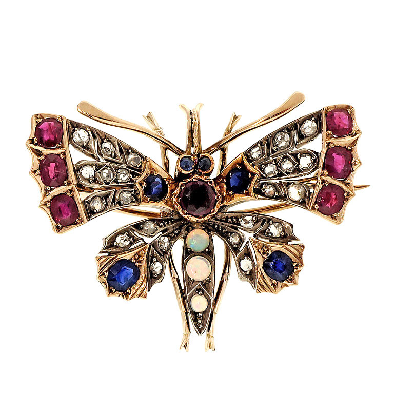 Yellow Gold Victorian Moth Multi-Stone Vintage Pin 