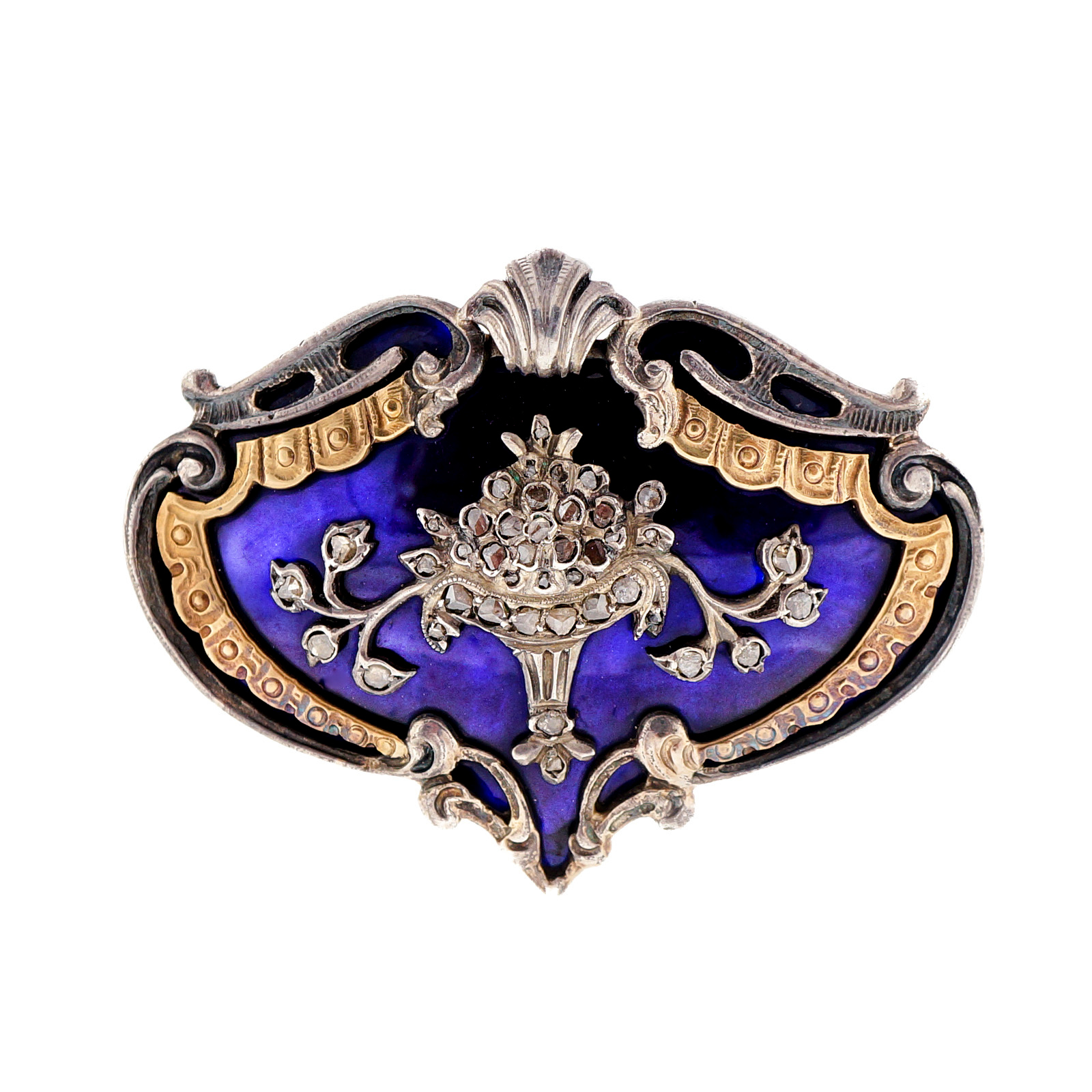 14k Yellow Gold Silver Georgian Blue Enamel Rose Cut Diamond Pin