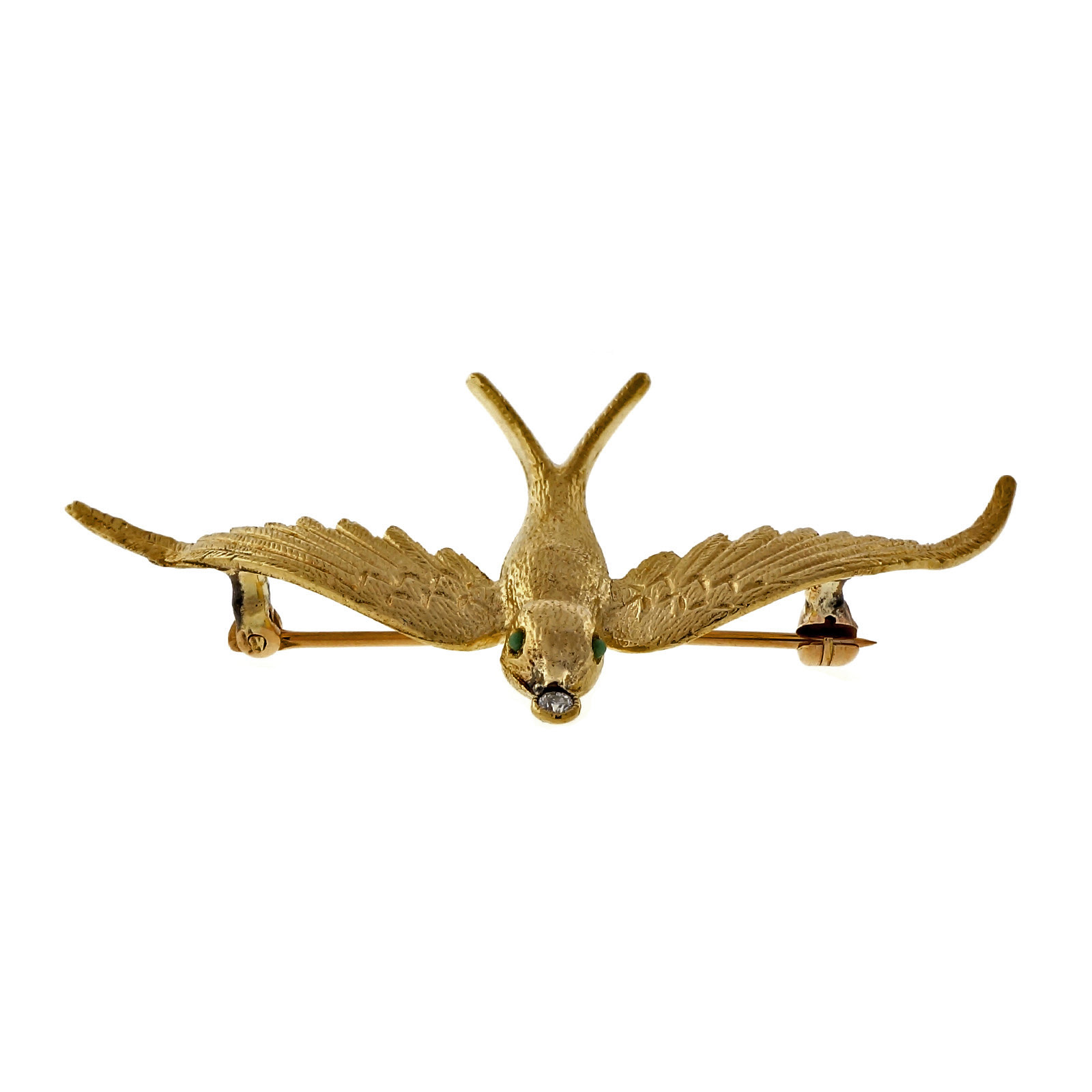 Vintage Swallow Bird Pin 14k Yellow Gold Turquoise Eyes Diamond Mouth
