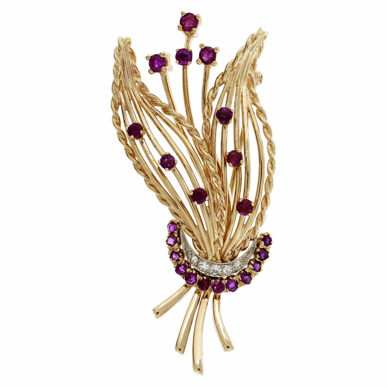 14k Yellow Gold Ruby Diamond Spray Pin 