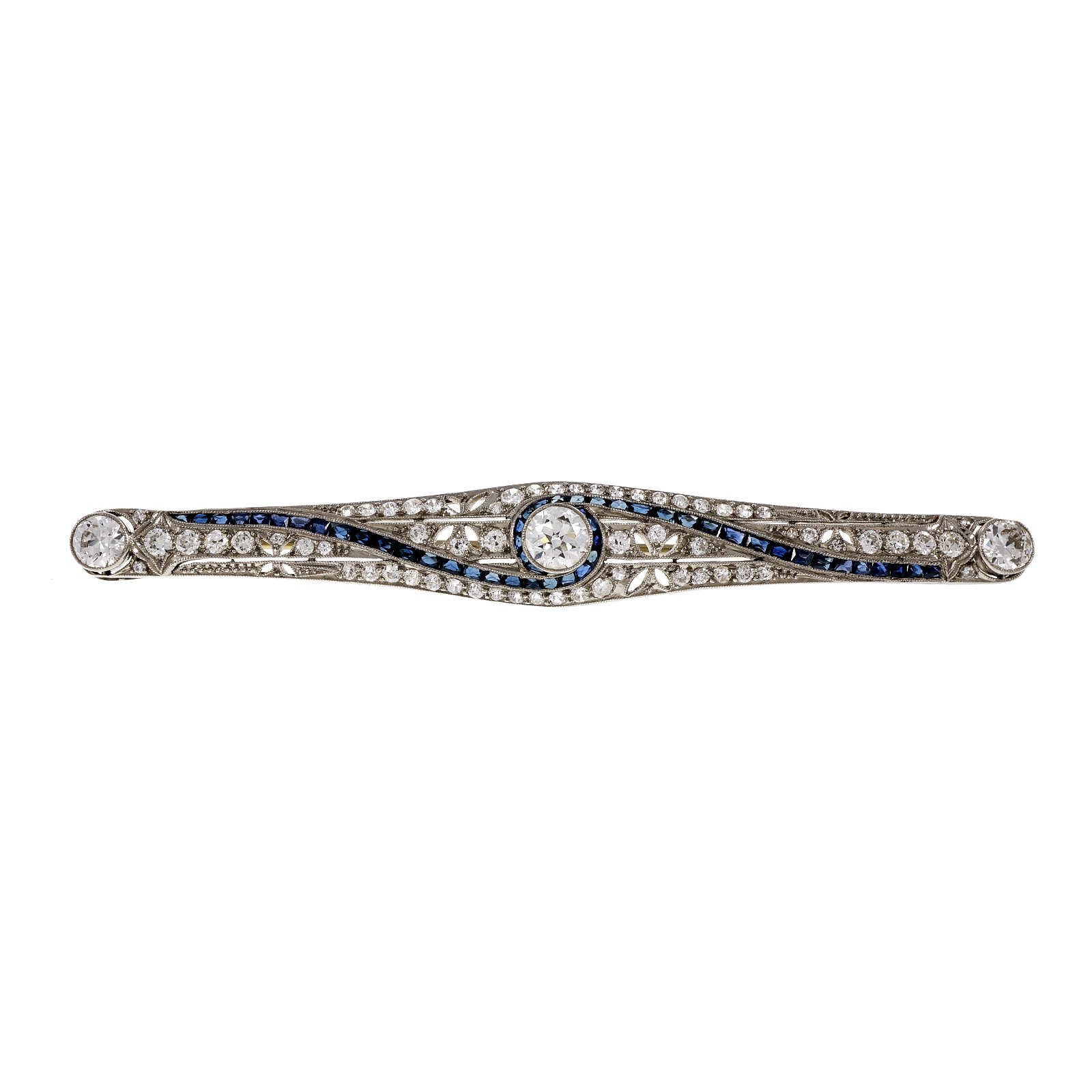 Platinum Art Deco Old European Cut Diamond and Calibré Cut Sapphire Large Bar Pin 