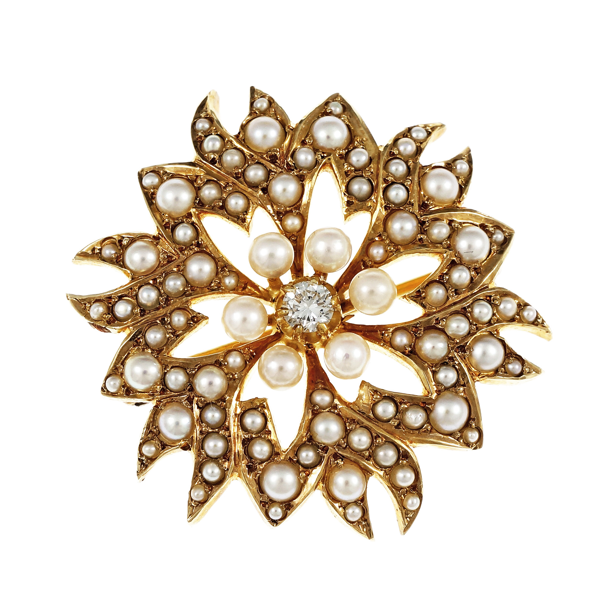 14K Rose Gold Cultured Pearl Diamond Sunburst Design Pin Pendant 