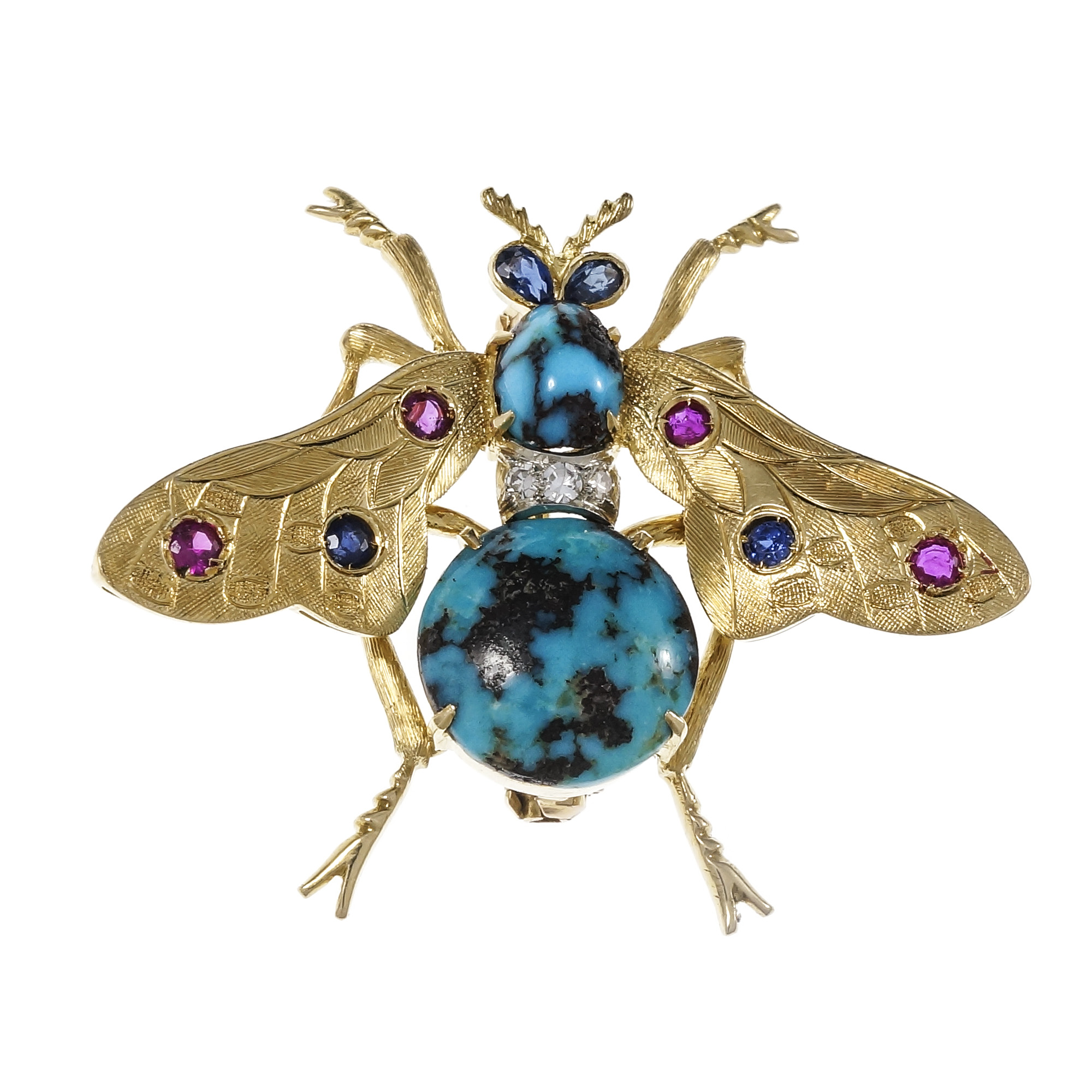Vintage Bee Pin Natural Turquoise Ruby Sapphire  Diamond 18k Yellow Gold 