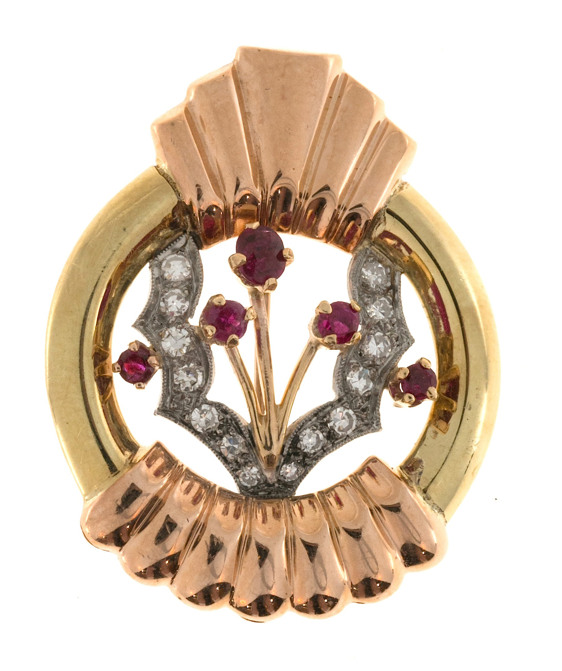 Vintage 14K Yellow Rose and White Gold 0.34ct Bright Blood Red Ruby  Diamond Pin Pendant 
