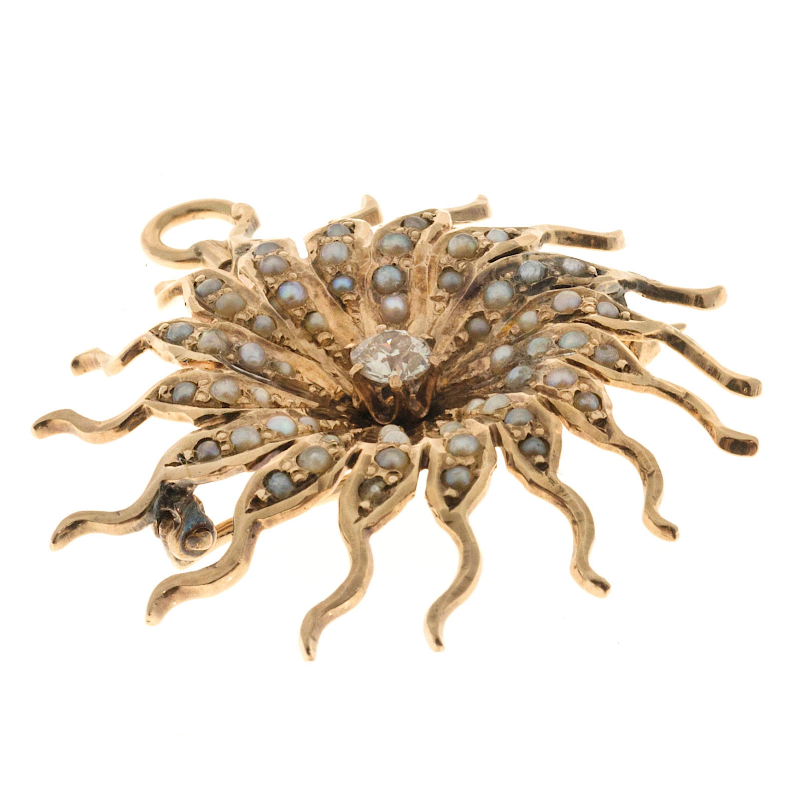 Vintage Victorian 3-D 14k 56 Natural Seed Pearl Minecut Diamond Sunburst Pin