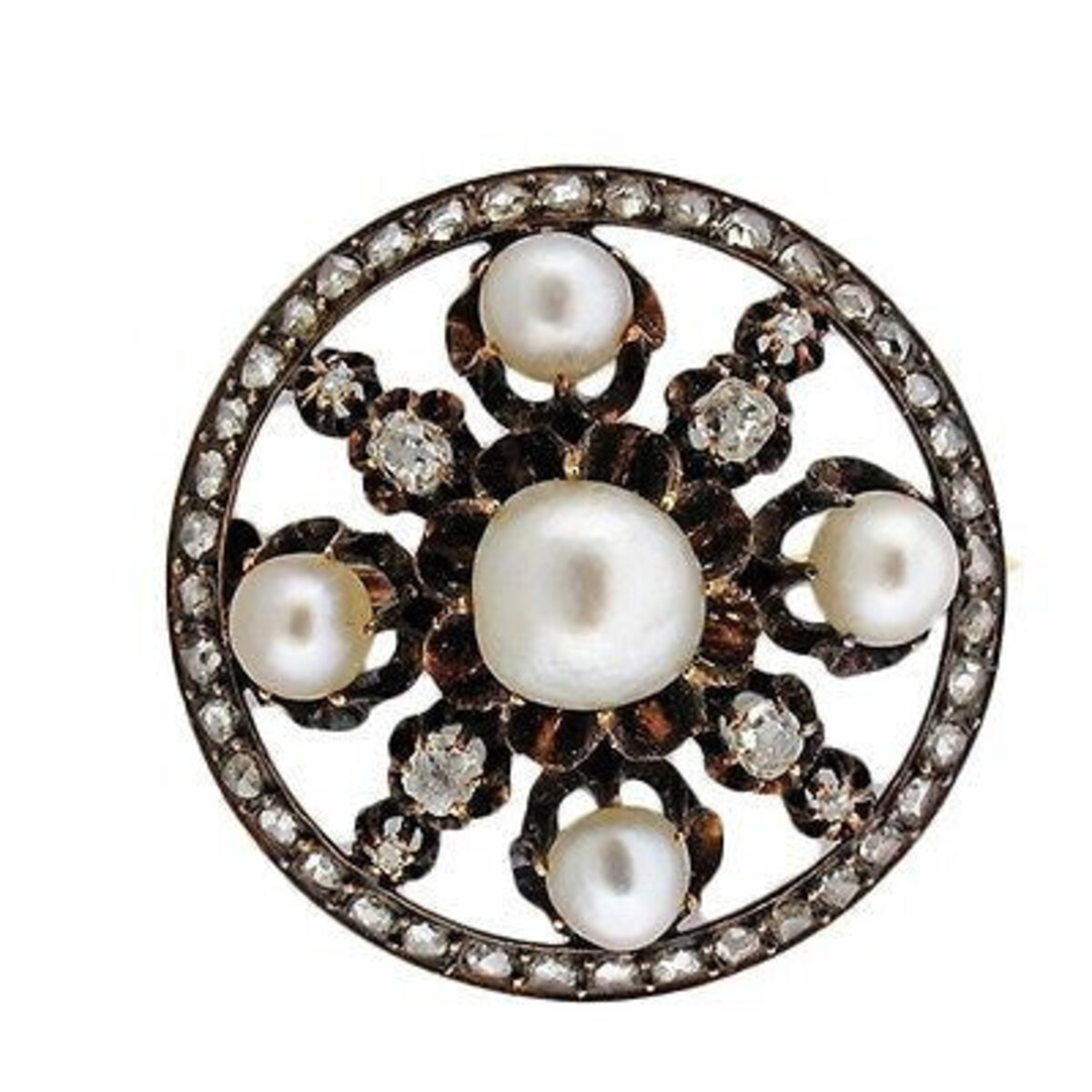 14K Yellow Gold Cultured Pearl Old Mine Diamond Vintage Pin 1800s