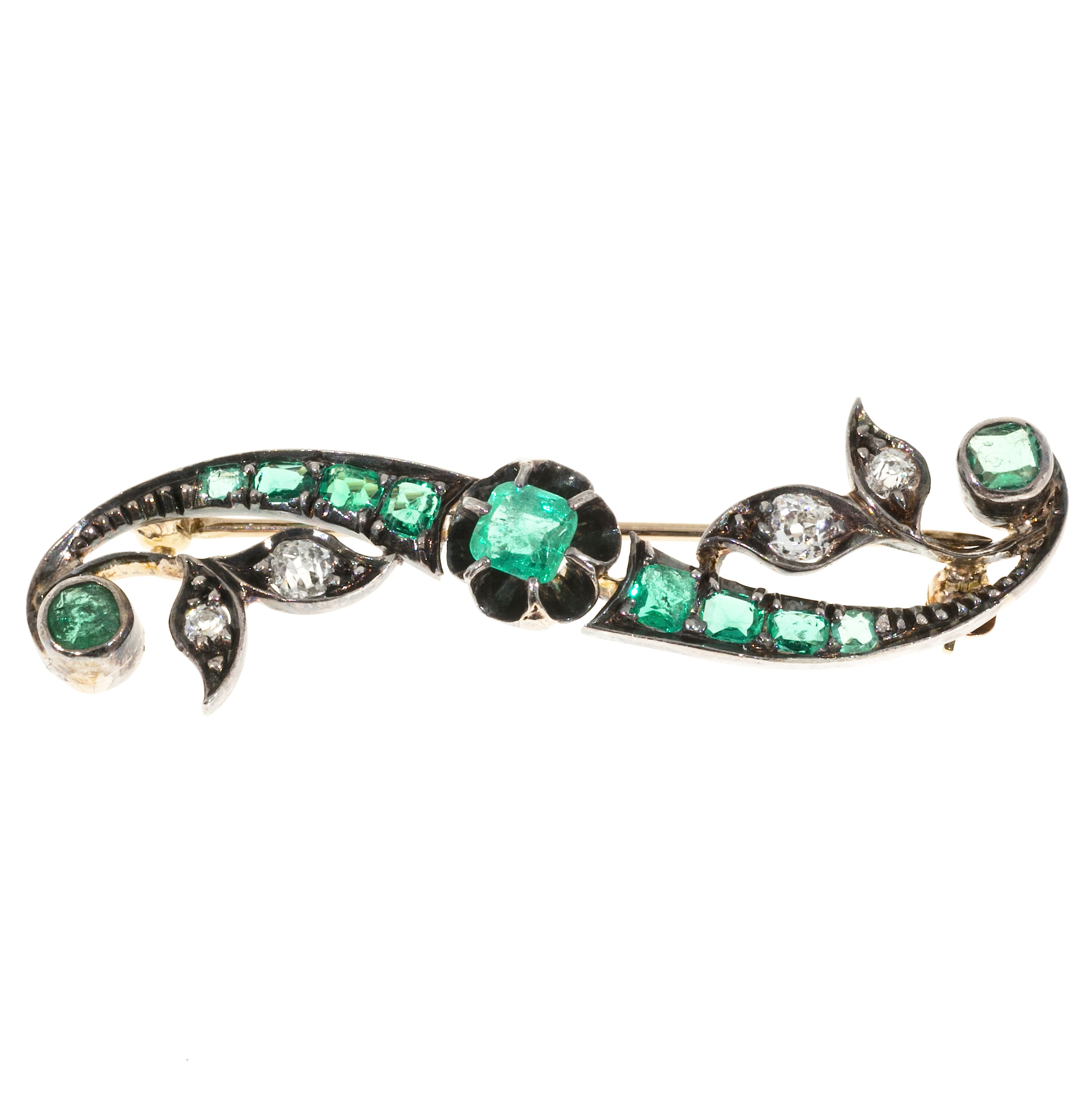 14k Yellow Gold Silver Top Old Mine Cut Diamond Gem Beryl Emerald Vintage Pin