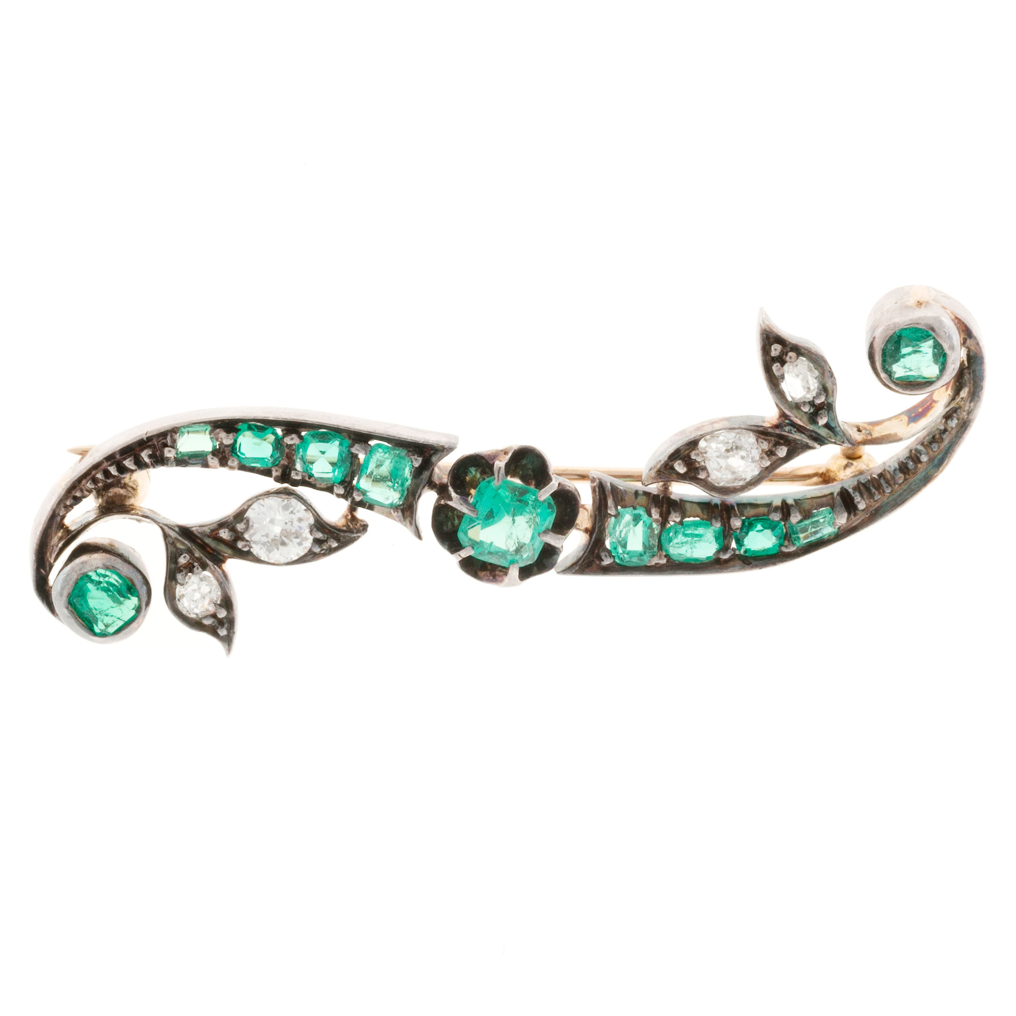 14k Yellow Gold Silver Top Beryl Emerald Diamond Vintage Pin