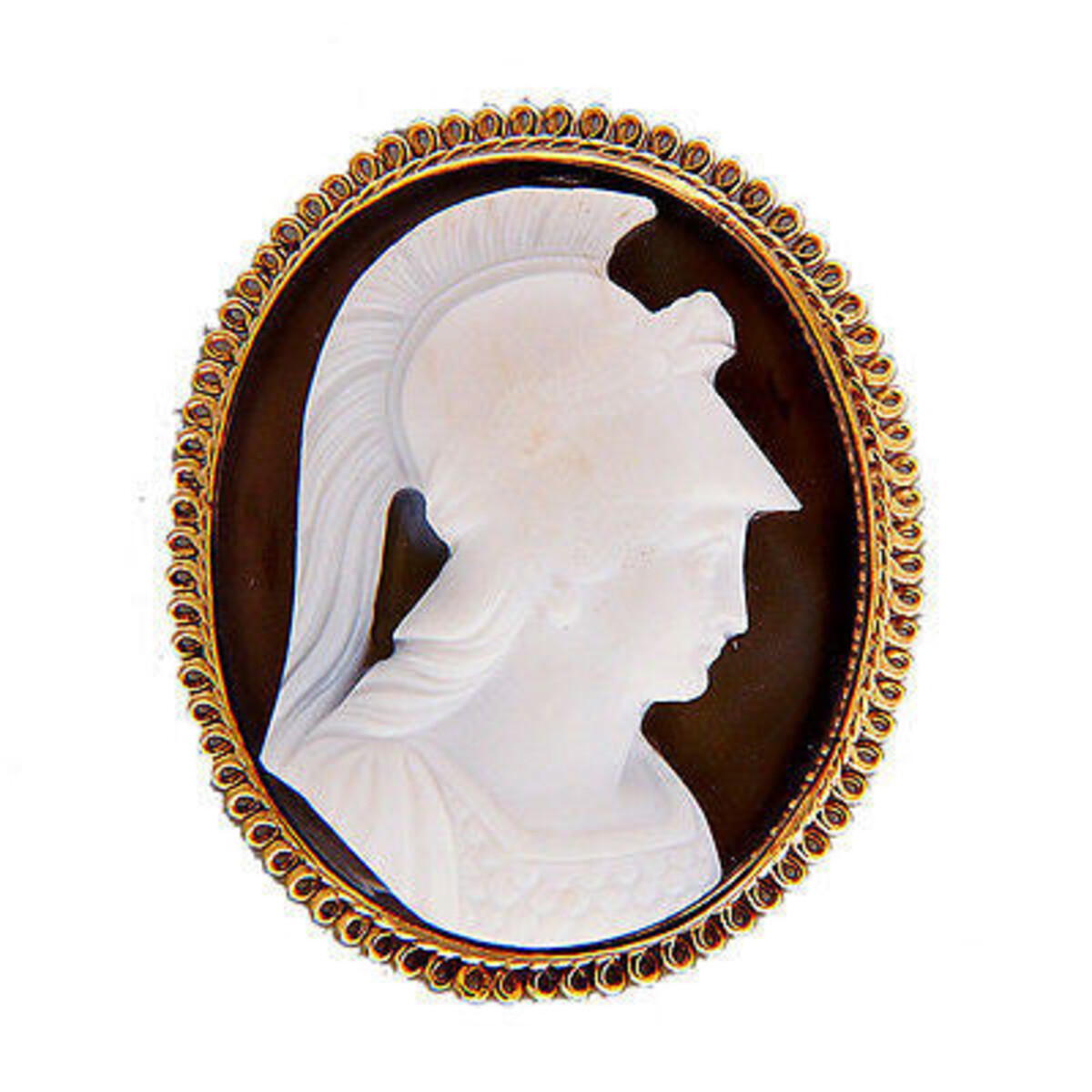 Vintage Hand Carved Banded Hardstone Agate Pin – 14k Gold Frame Roman Soldier
