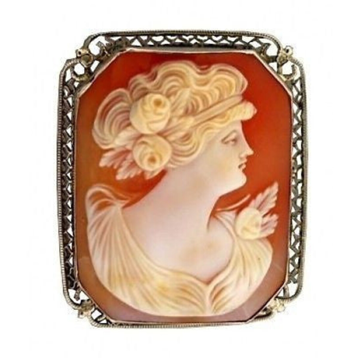 Vintage 1930 14k White Gold Filigree 8 Sided Carved Shell Cameo Pin Pendant